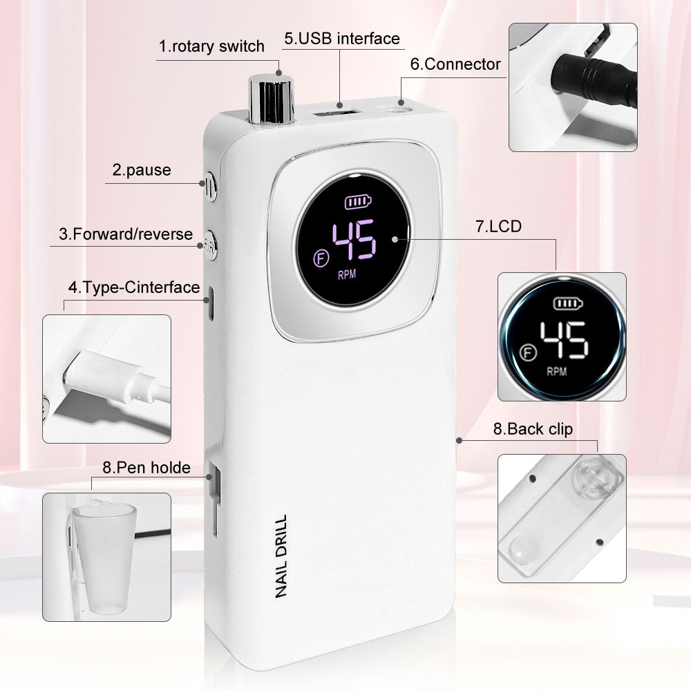45000RPM Rechargeable Portable Nail Drill Kit