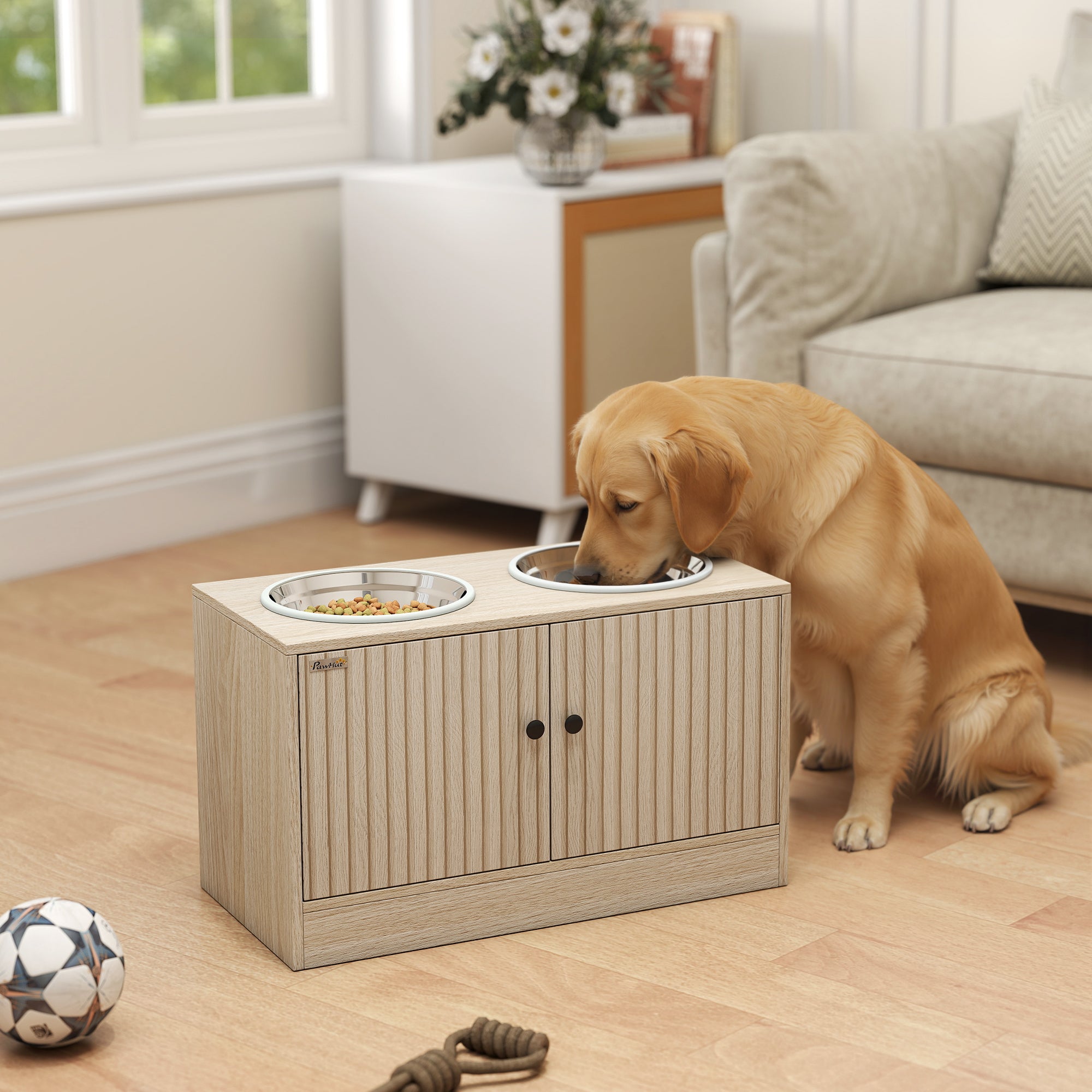 Elevated Dog Bowls with Storage Cabinet Slow Feeder Station
