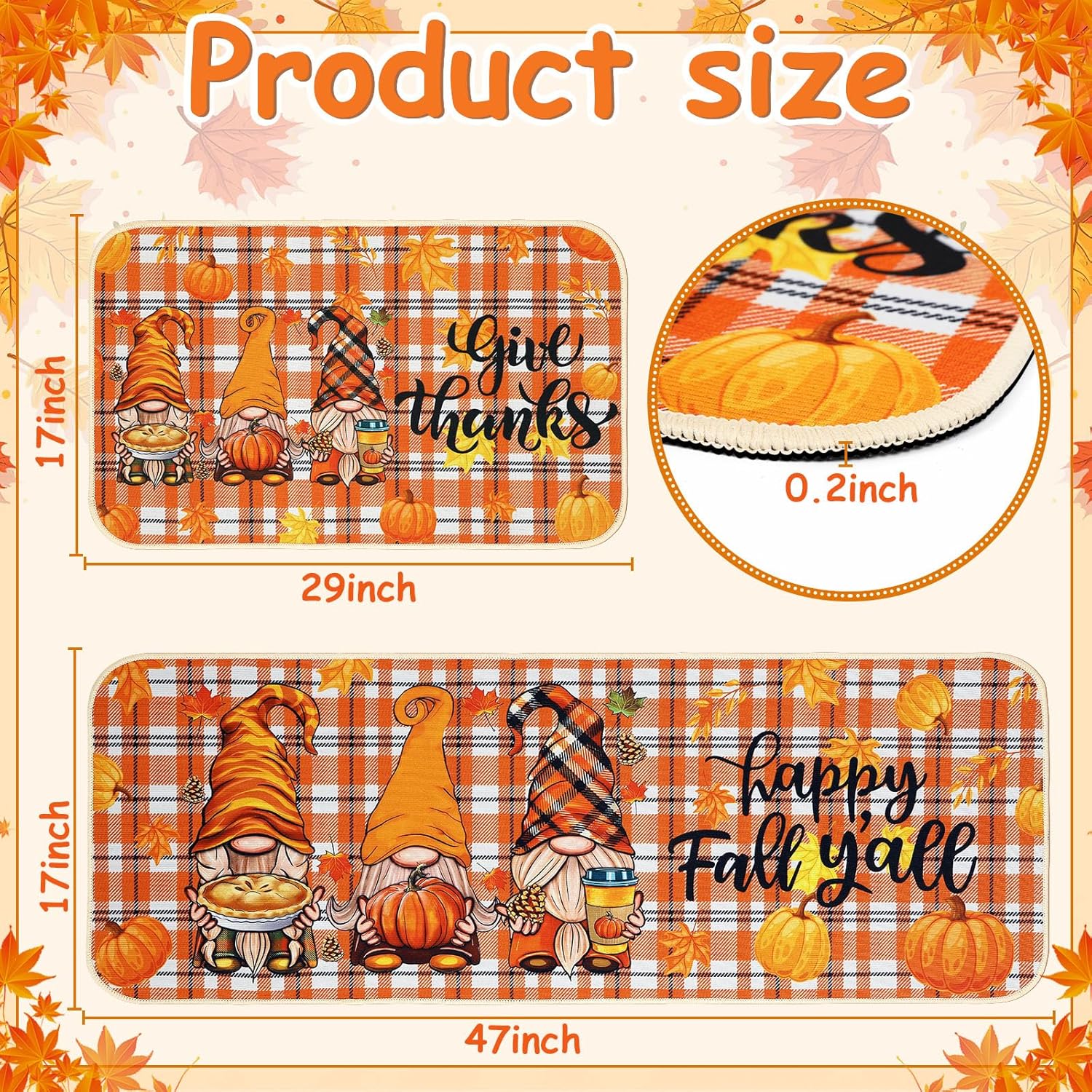 Fall Kitchen Rug Set with Pumpkin and Gnome Design