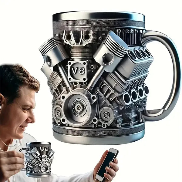 V6 V8 Engine Design Mug Double Wall Insulated Metal Cup