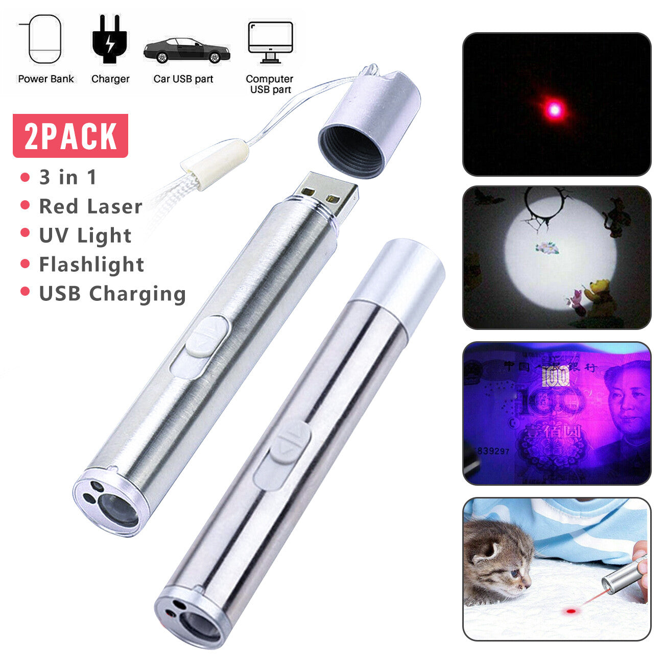 3 in 1 Laser Pointer USB Rechargeable UV Flashlight Pet Toy Set