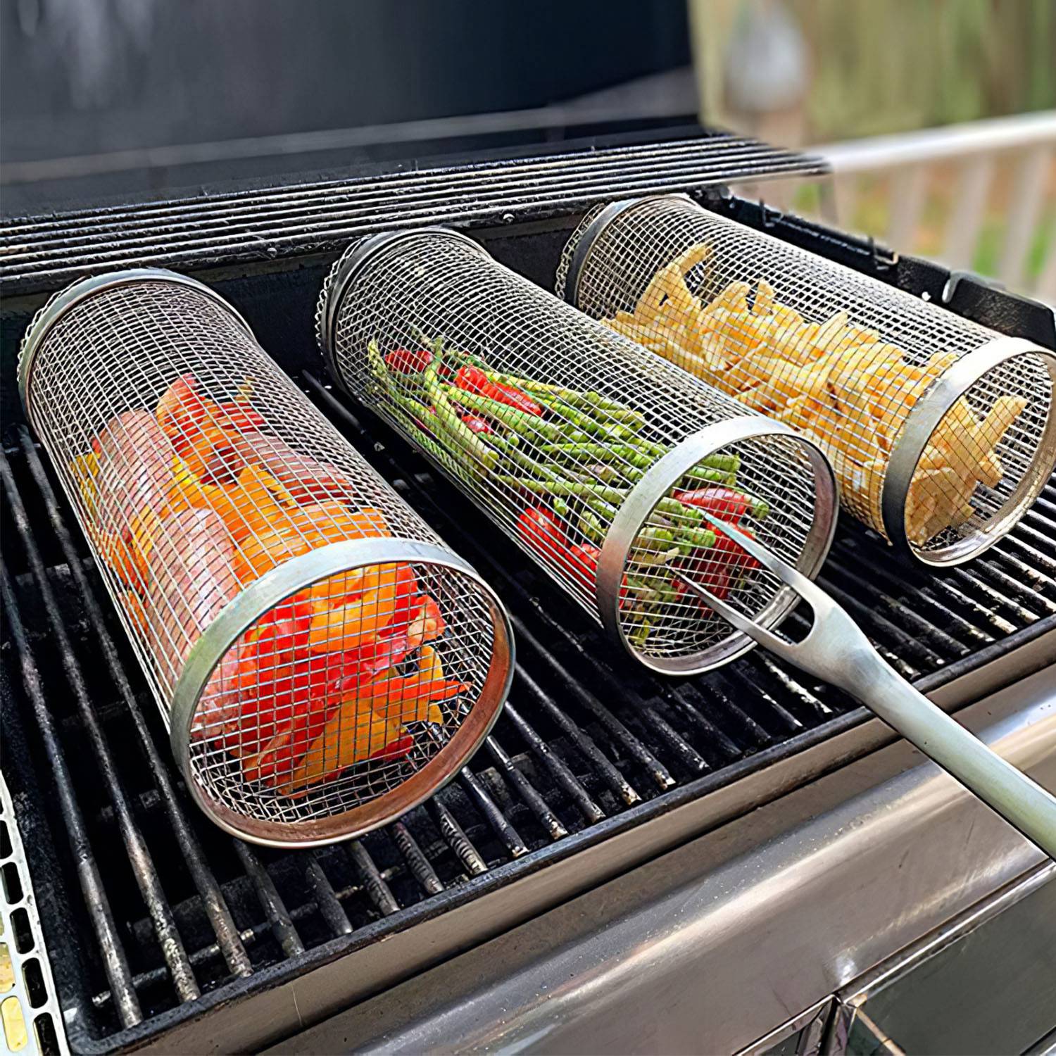 2Pcs Stainless Steel BBQ Rolling Grill Basket