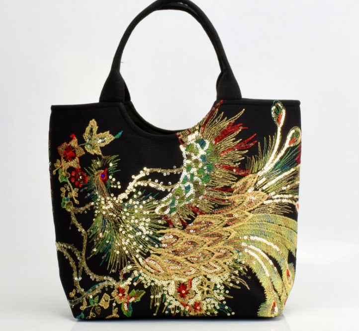 Canvas Peacock Embroidery Small Handbag Elegant Ethnic Style Shoulder Bag