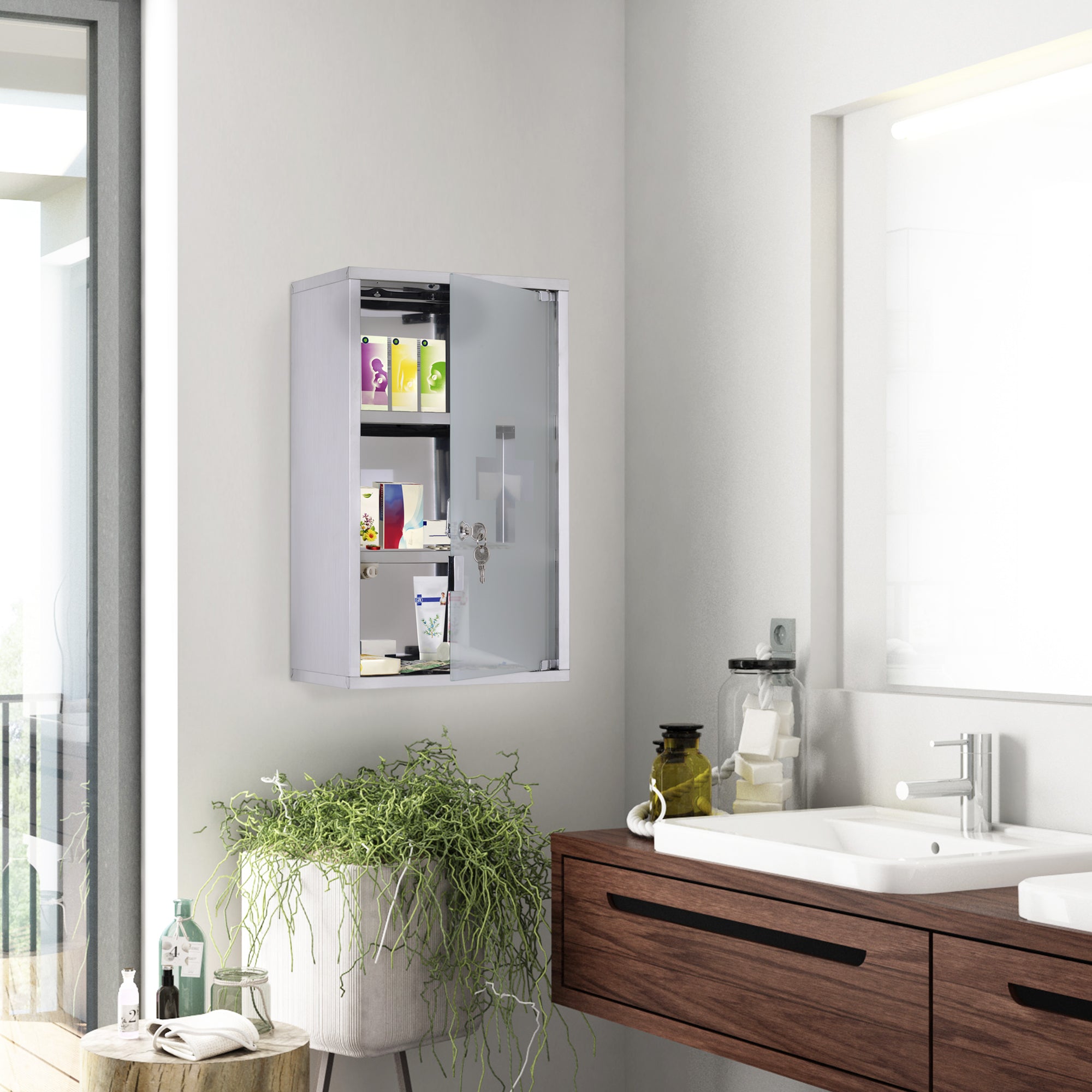 Secure Stainless Steel Medicine Cabinet with Lock & 3 Shelves