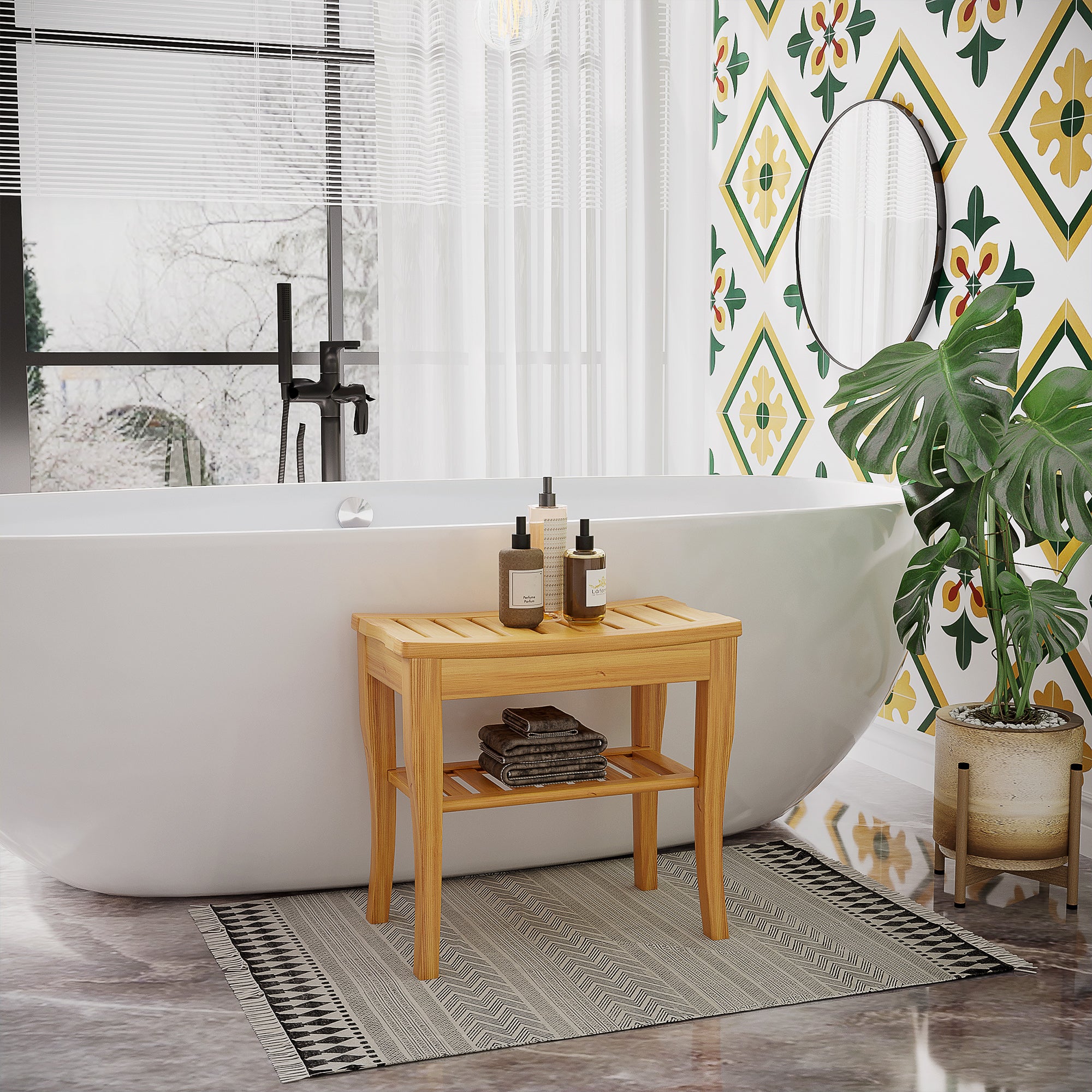 Premium Bamboo Shower Bench Seat with Storage Shelf & Support