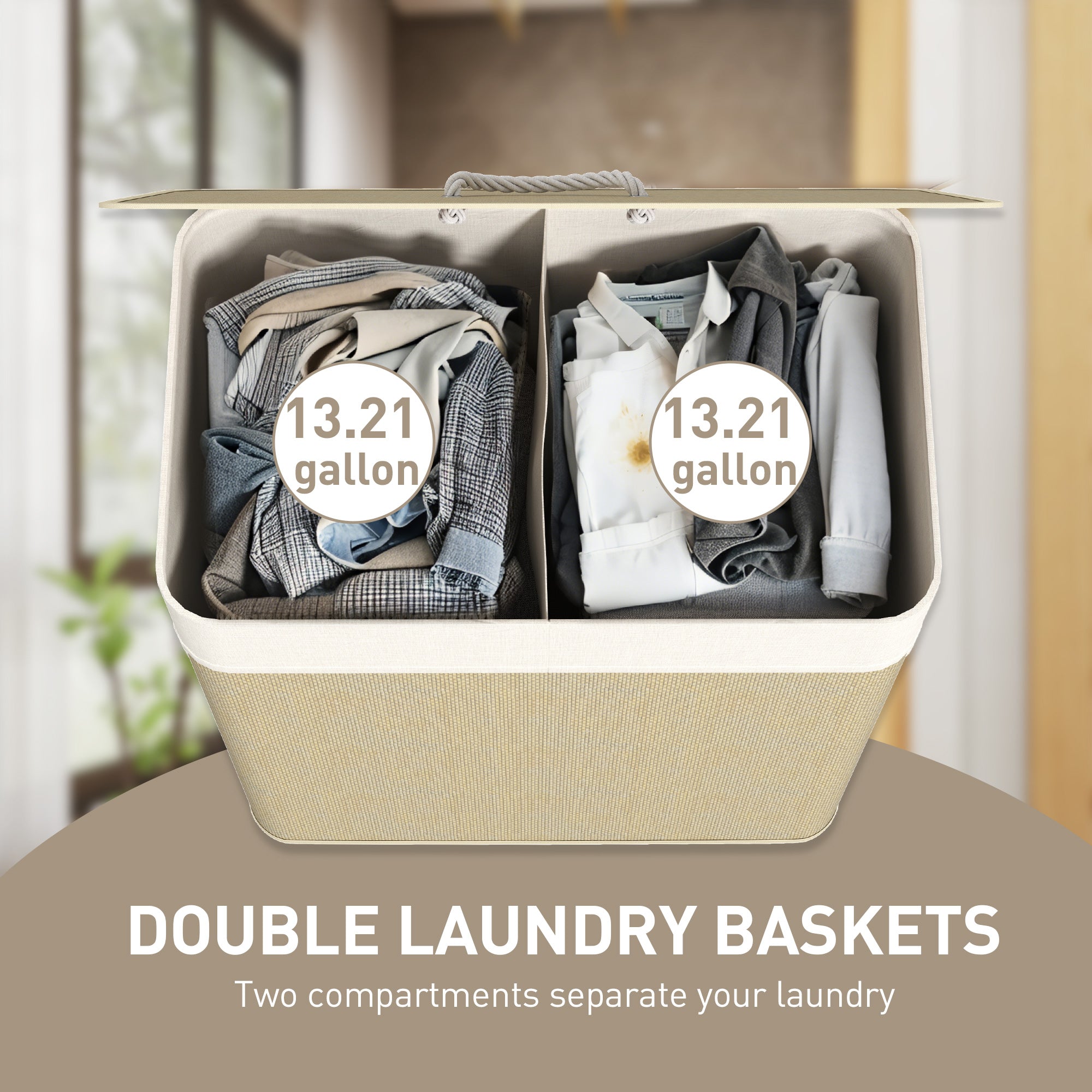 Bamboo Double Laundry Hamper with Lid & Removable Liners