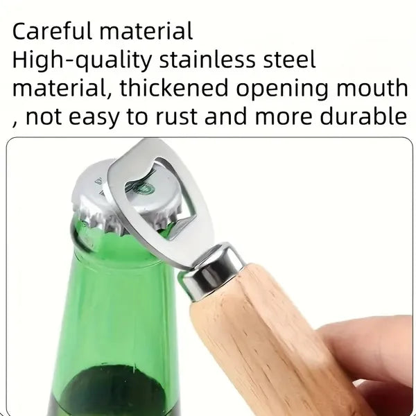Stainless Steel Beer Capper Wooden Handle Bottle Opener Tool