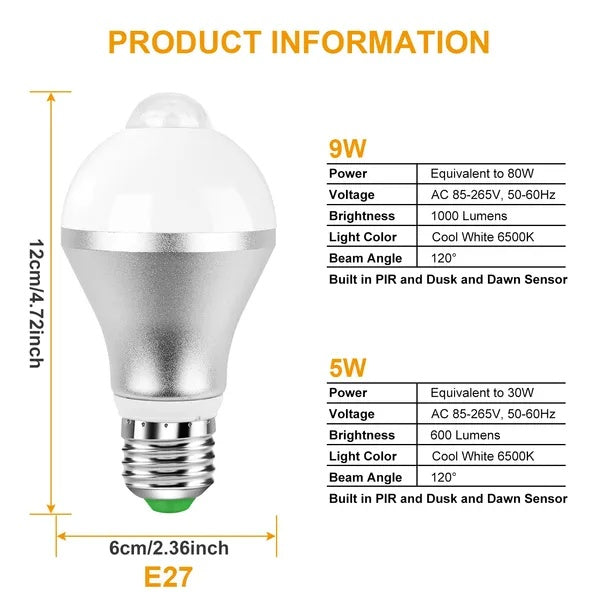 Smart Motion Sensor LED Bulb Dusk to Dawn Energy Saving Light