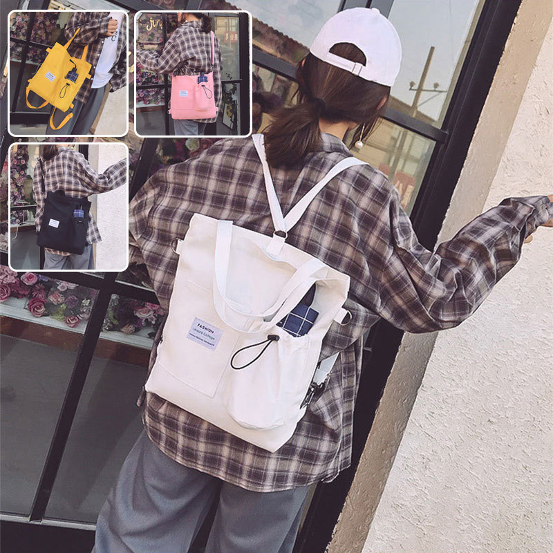 Canvas Student Shoulder Bag with Pockets Preppy Backpack Style School Bag for Women