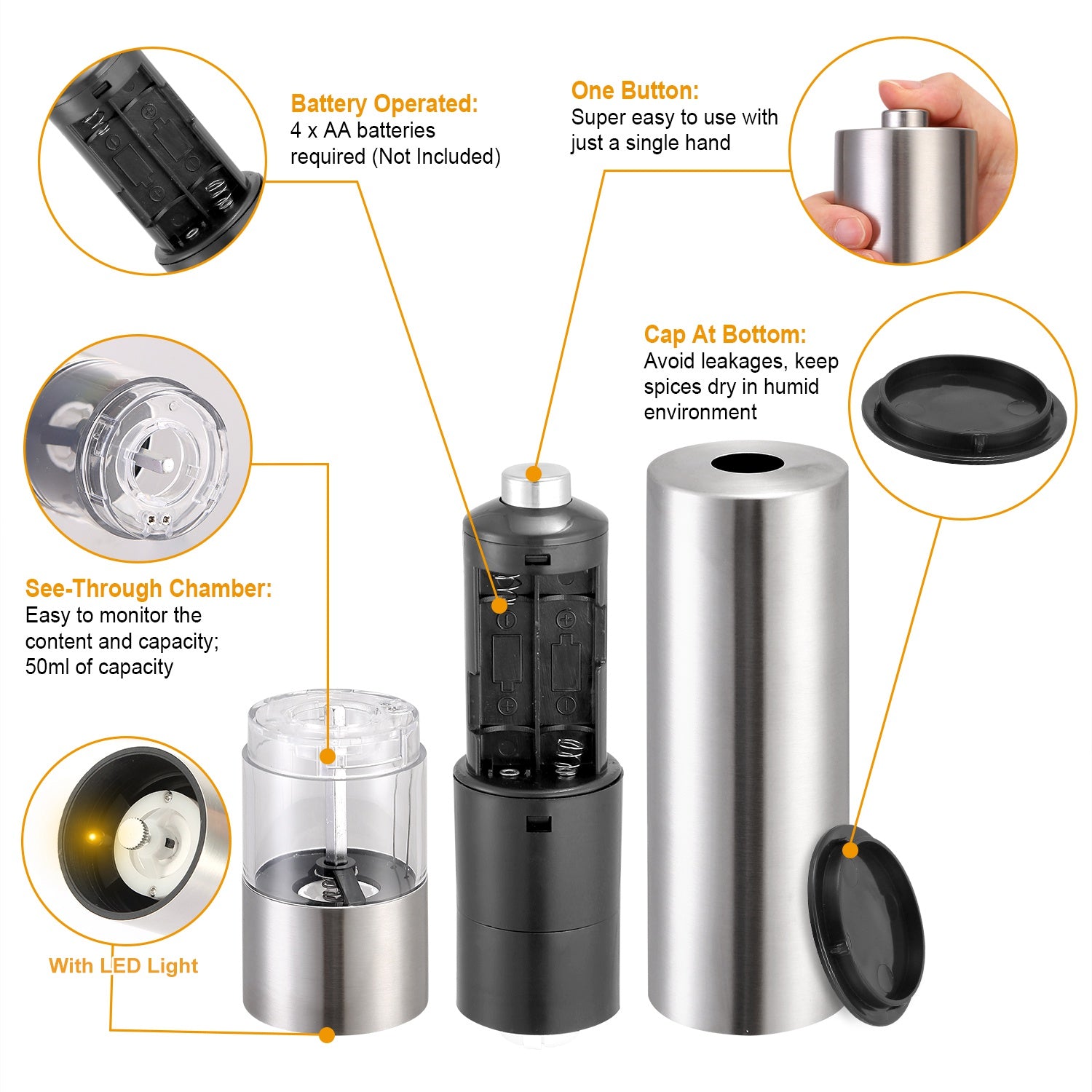Electric Salt Pepper Grinder Adjustable Stainless Steel Mill