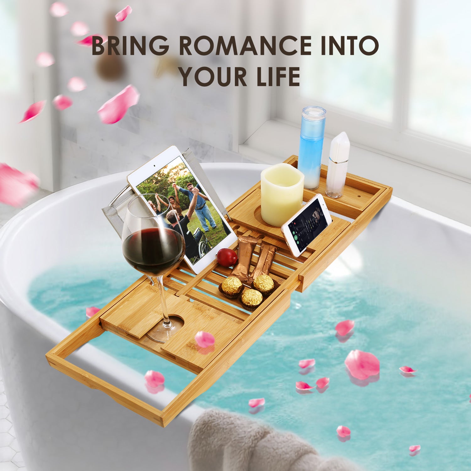 Extendable Bamboo Bathtub Caddy Tray with Phone Wine Holder Rack