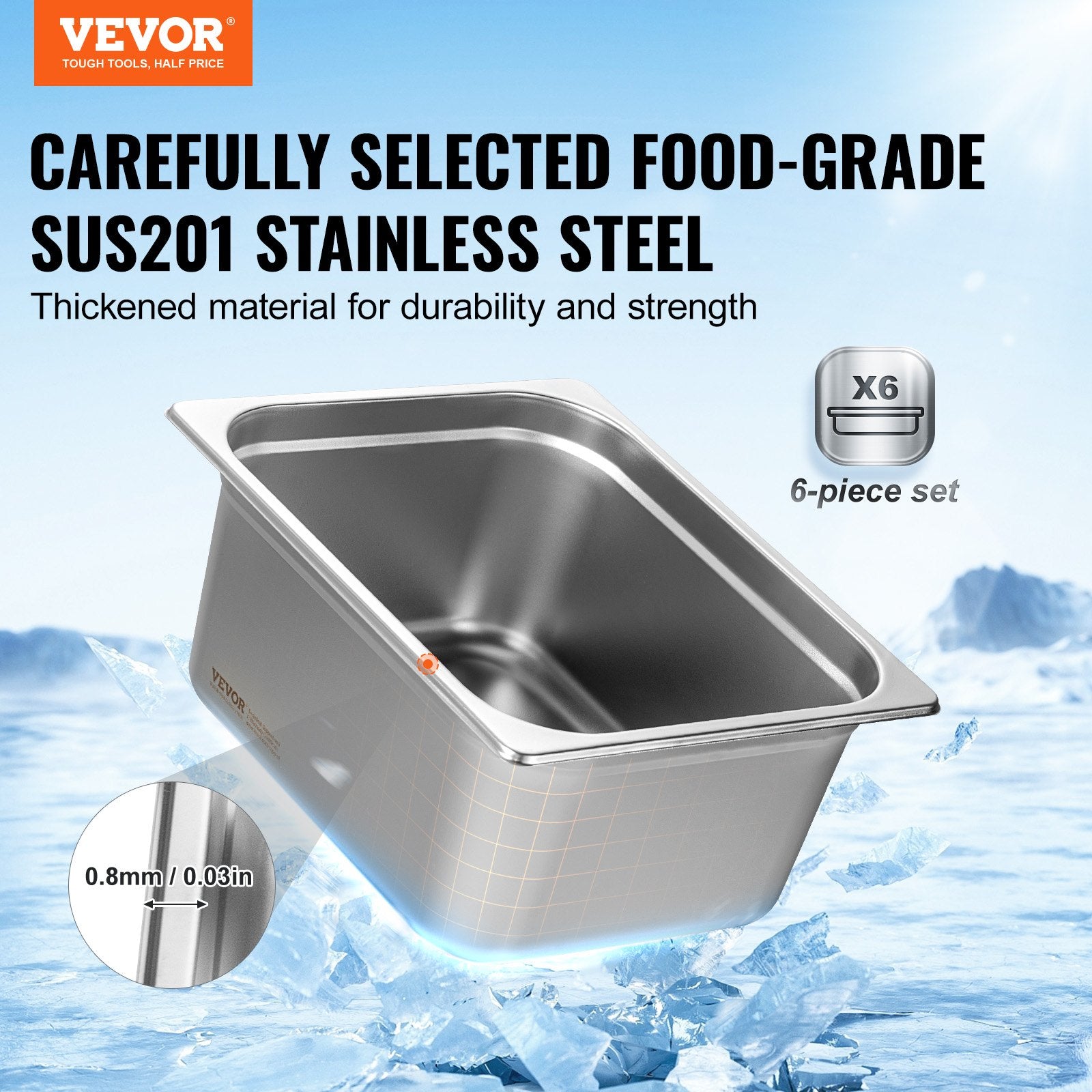 6 Pack 1/2 Size Stainless Steel Hotel Pans 6 Inch Deep Set