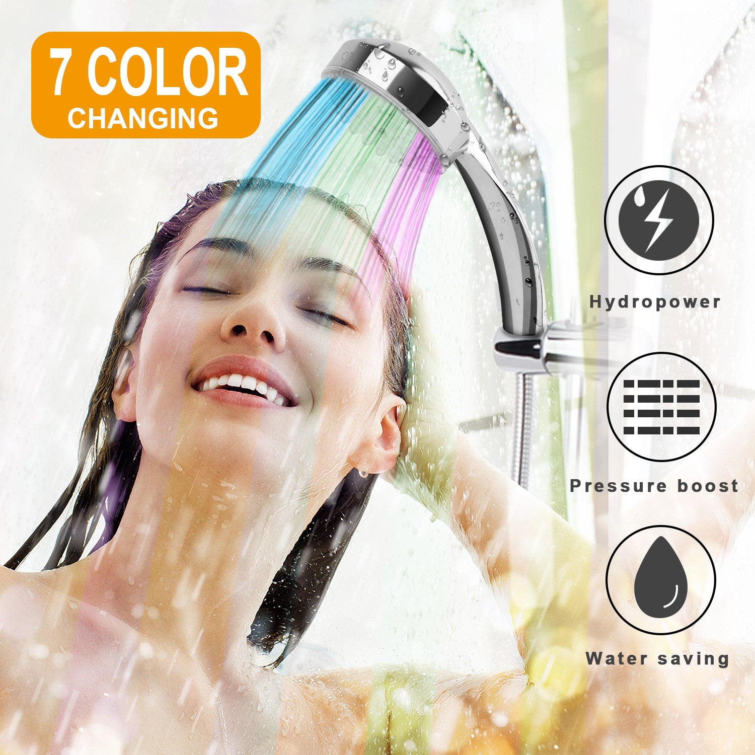 7 Color LED Hydropower Handheld Shower Head with Water Filter