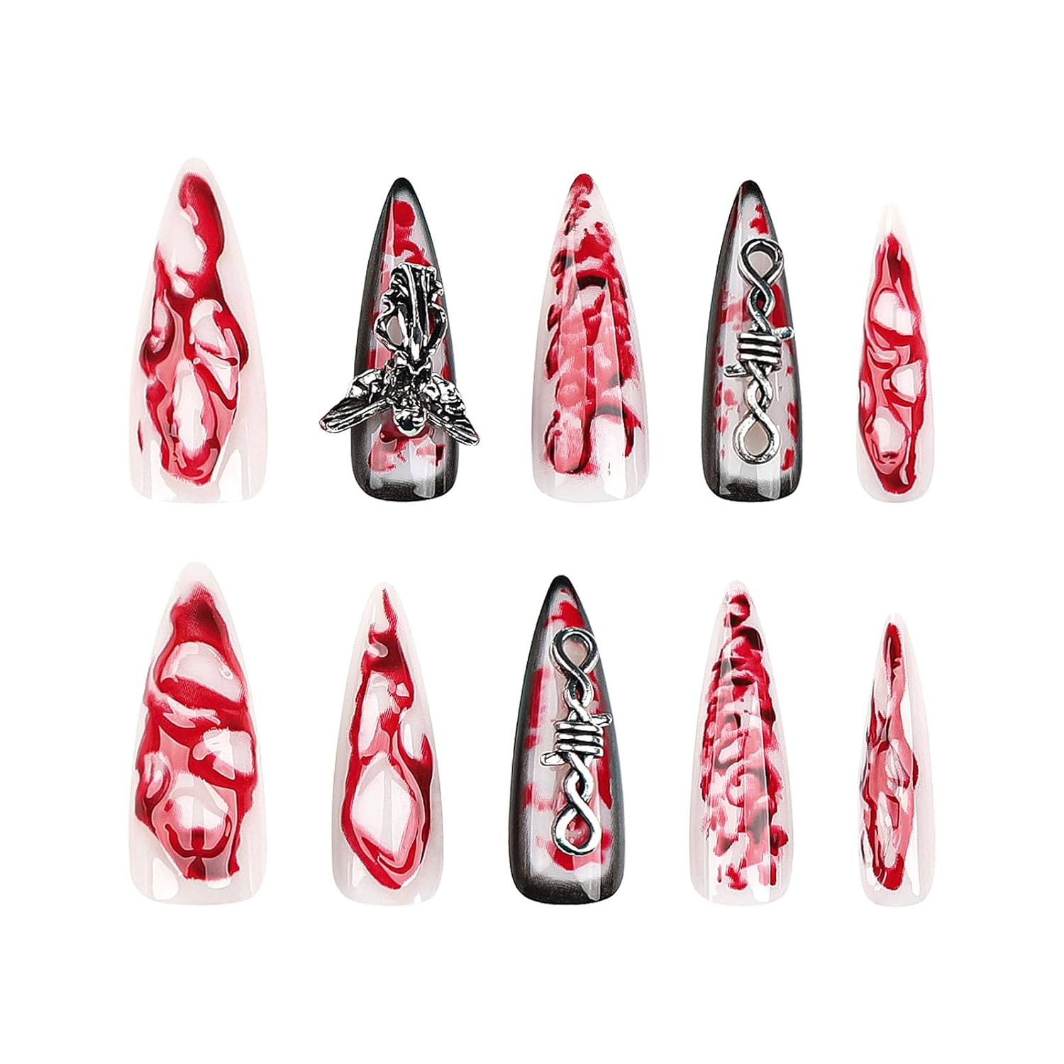 24 PCS Extra Long 3D Blood Angel Fake Nails