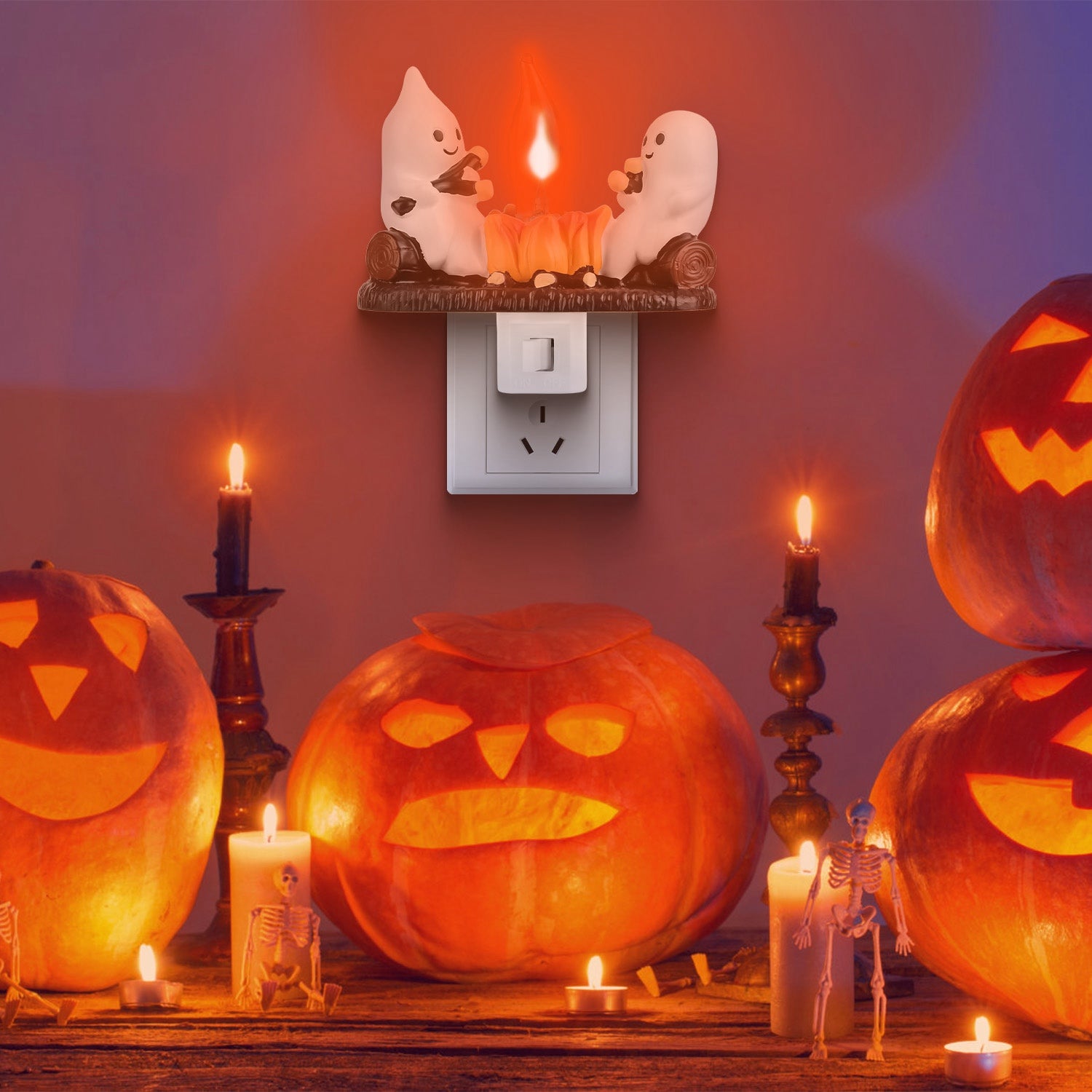 Ghost Campfire Night Light Flickering Flame Halloween Decor Set