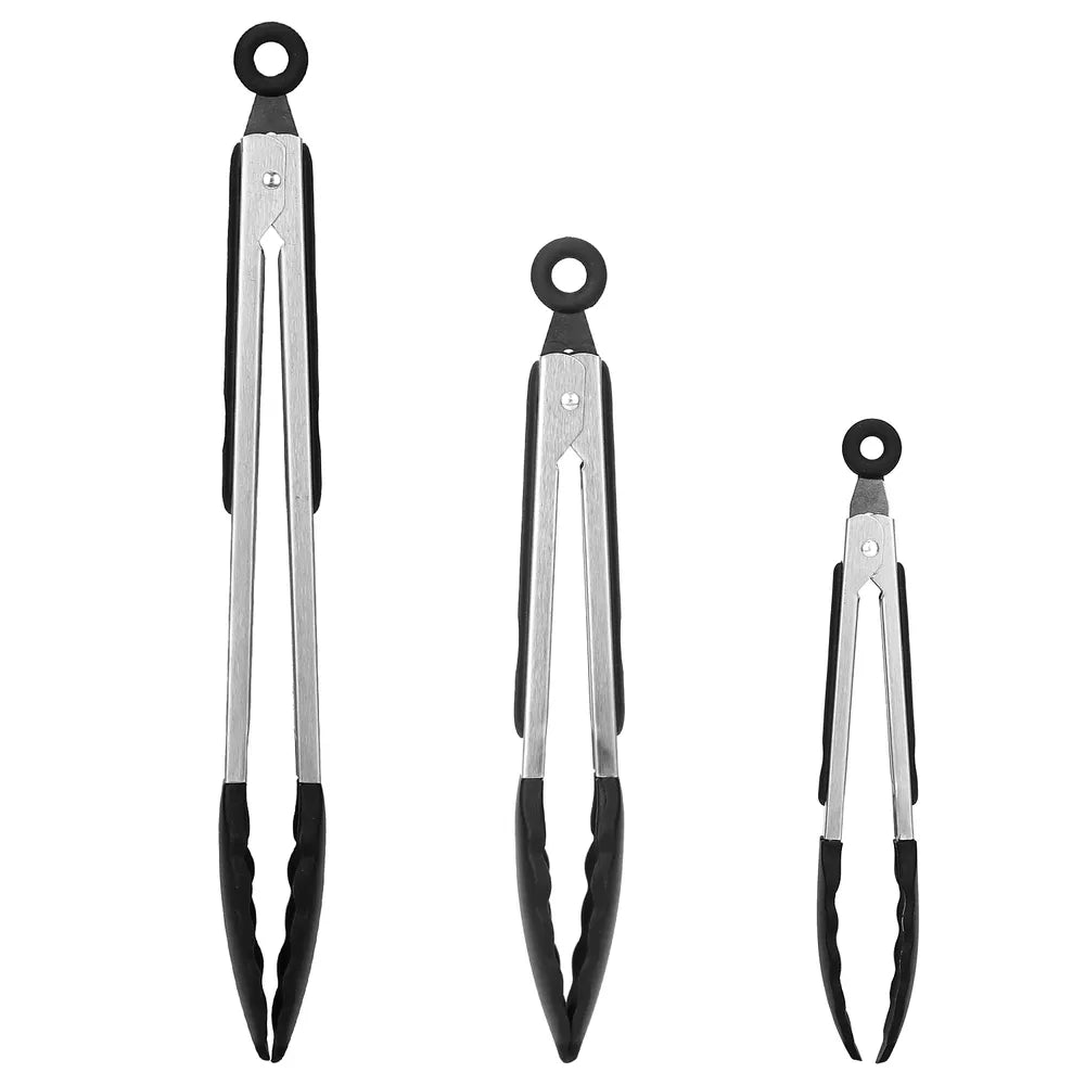 3Pcs Silicone Kitchen Tongs Set Stainless Steel BBQ Cooking Tools