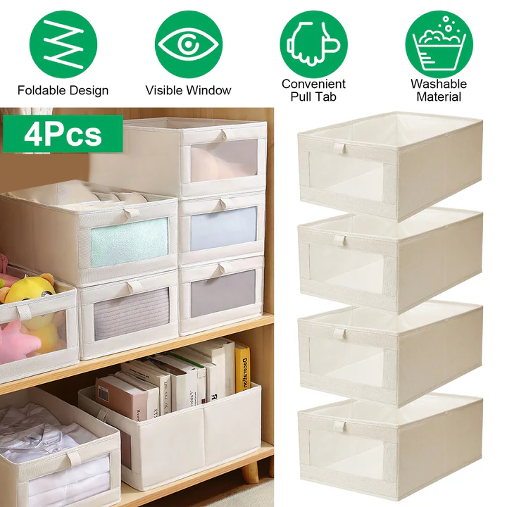 4Pcs Foldable Linen Storage Bins with Clear Window Closet Organizer
