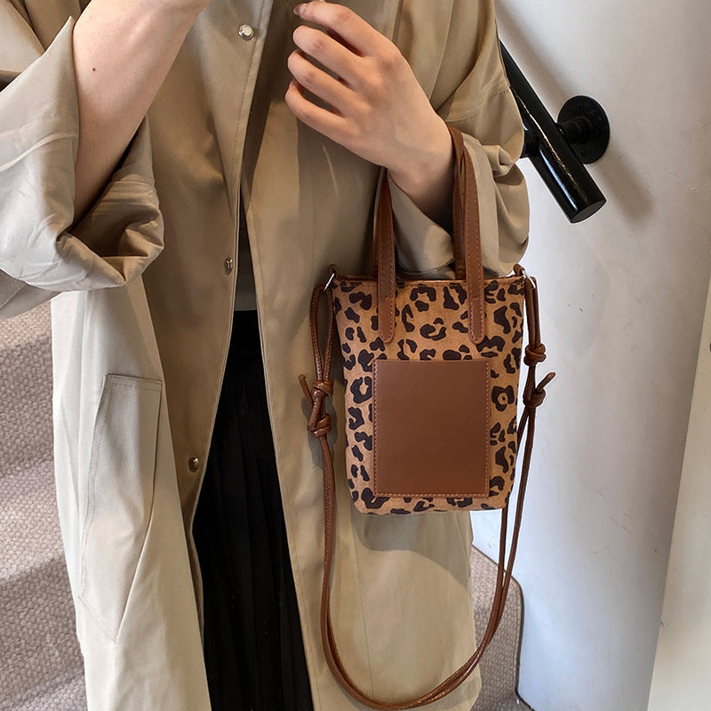 Women Retro Leopard Print Crossbody Bag Suede Phone Shoulder Bag