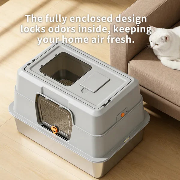 Fully Enclosed Stainless Steel Cat Litter Box, Odor-Proof, Anti-Splash, Spacious For Large Cats