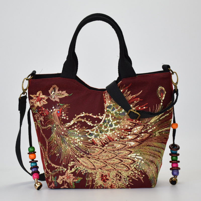 Canvas Peacock Embroidery Small Handbag Elegant Ethnic Style Shoulder Bag