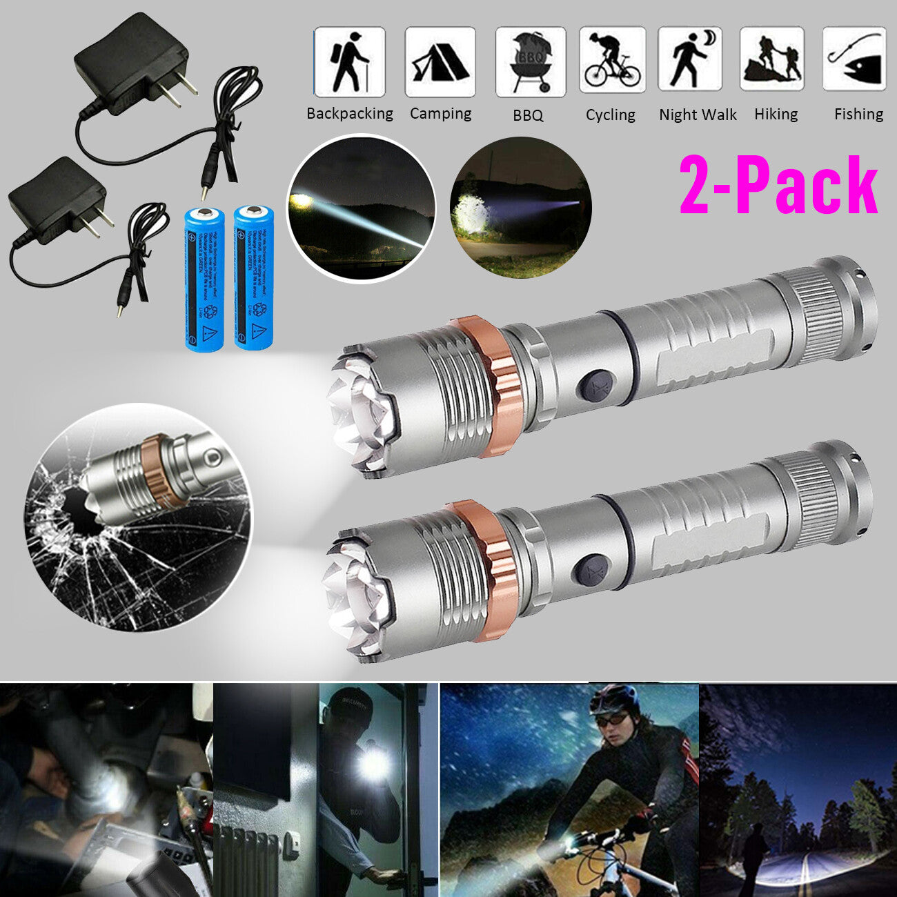 Ultra Bright LED Flashlight Rechargeable Emergency Torch Hammer