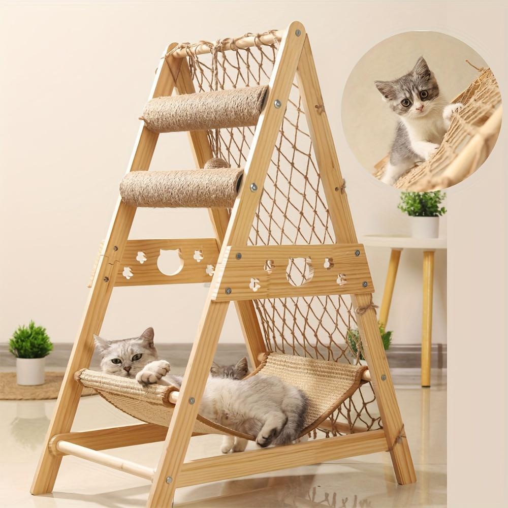 Wooden Multi-Level Cat Tree Tower with Scratching Posts & Climbing Net