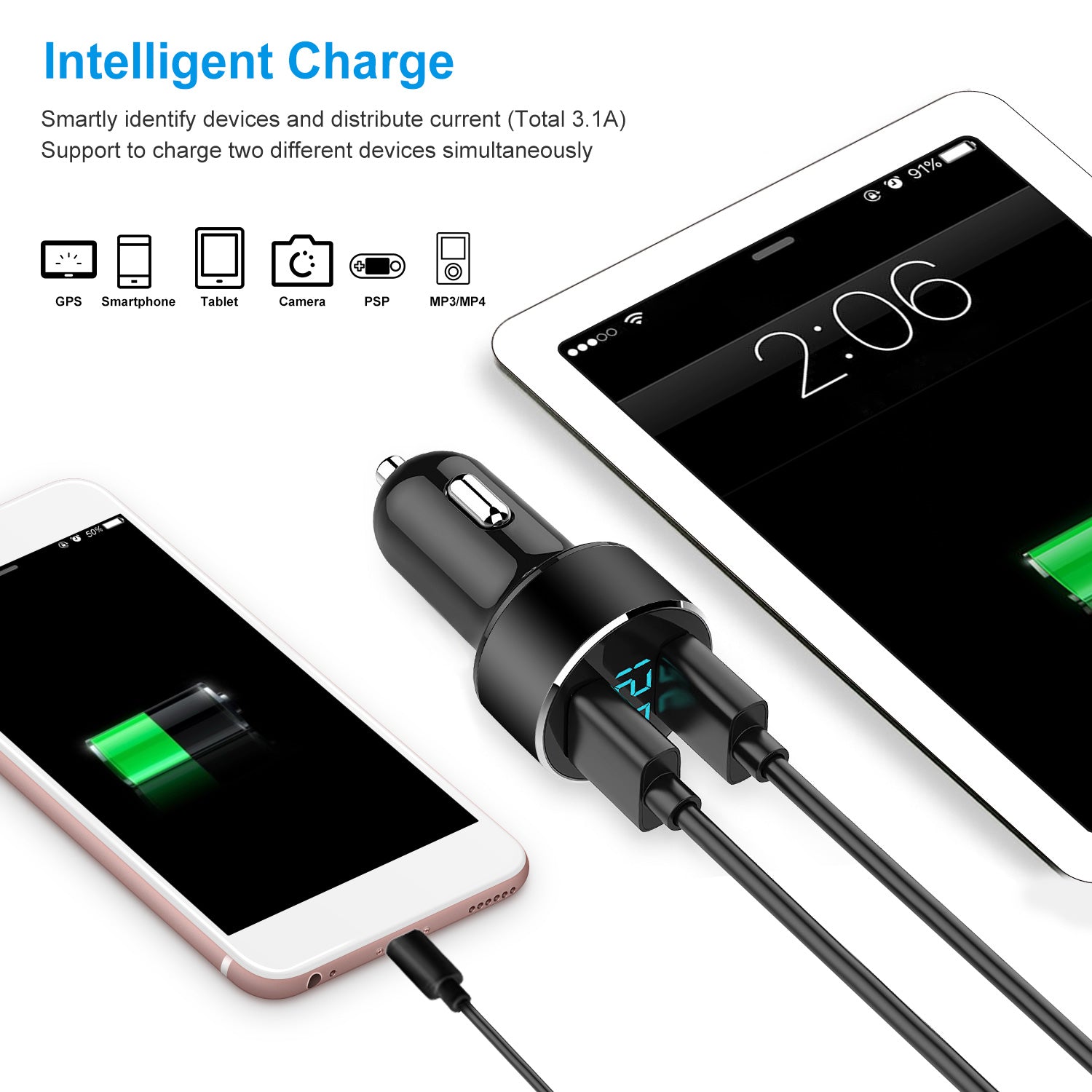 Dual USB Car Charger Fast Charging 3.1A Aluminum Adapter