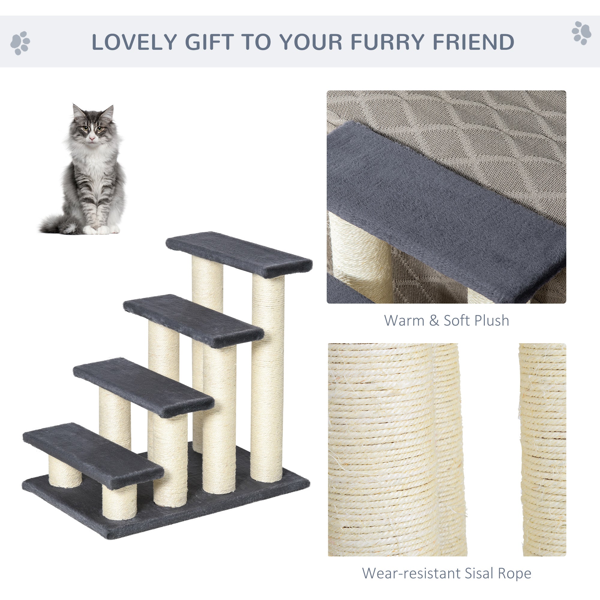 4-Step Cat Tree for High Beds with Sisal Scratching Post – Indoor Cat Climbing Stairs