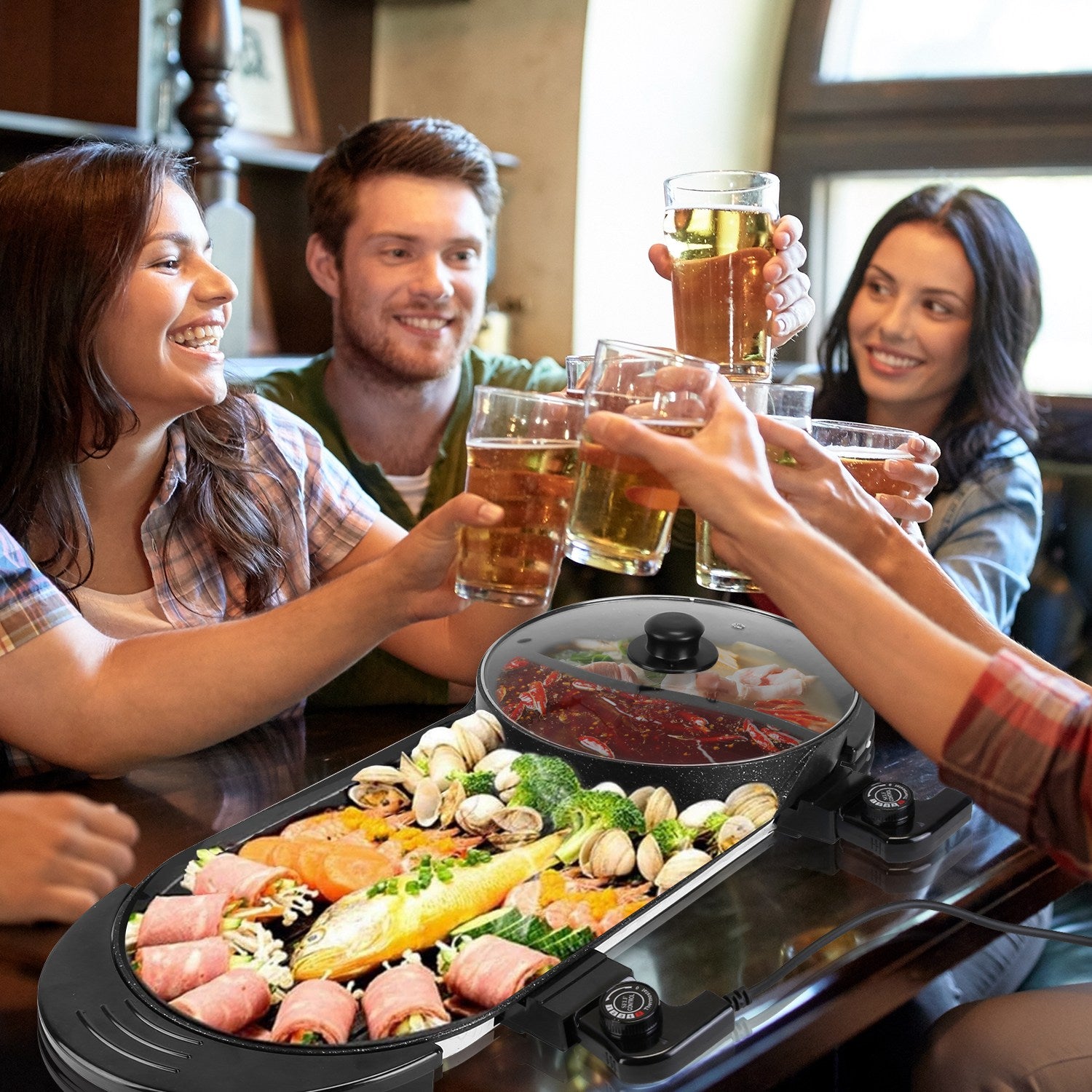 2-in-1 Electric Hot Pot with BBQ Grill 2200W Non-Stick