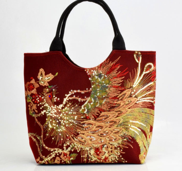 Canvas Peacock Embroidery Small Handbag Elegant Ethnic Style Shoulder Bag