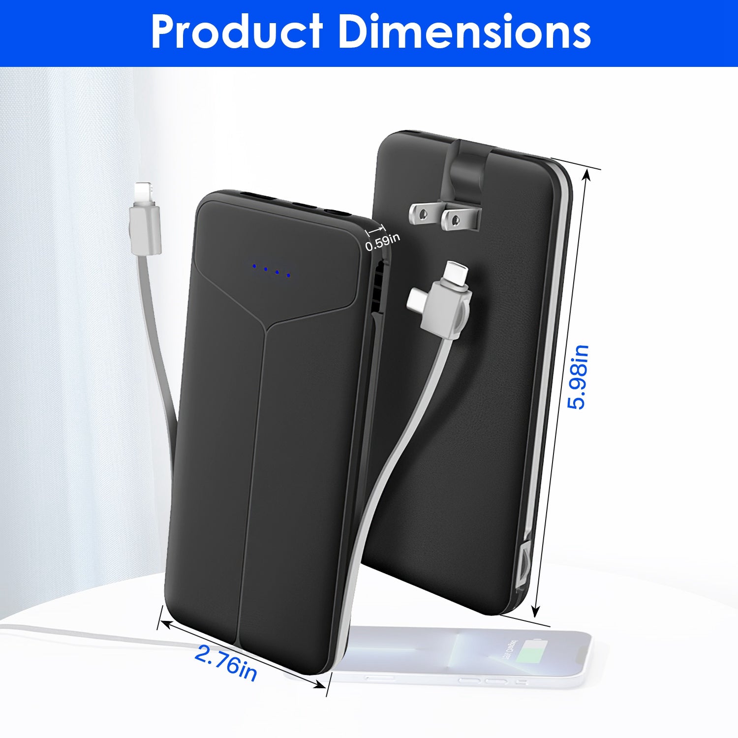 10000mAh Power Bank with Built in Cables Multi Output Charger