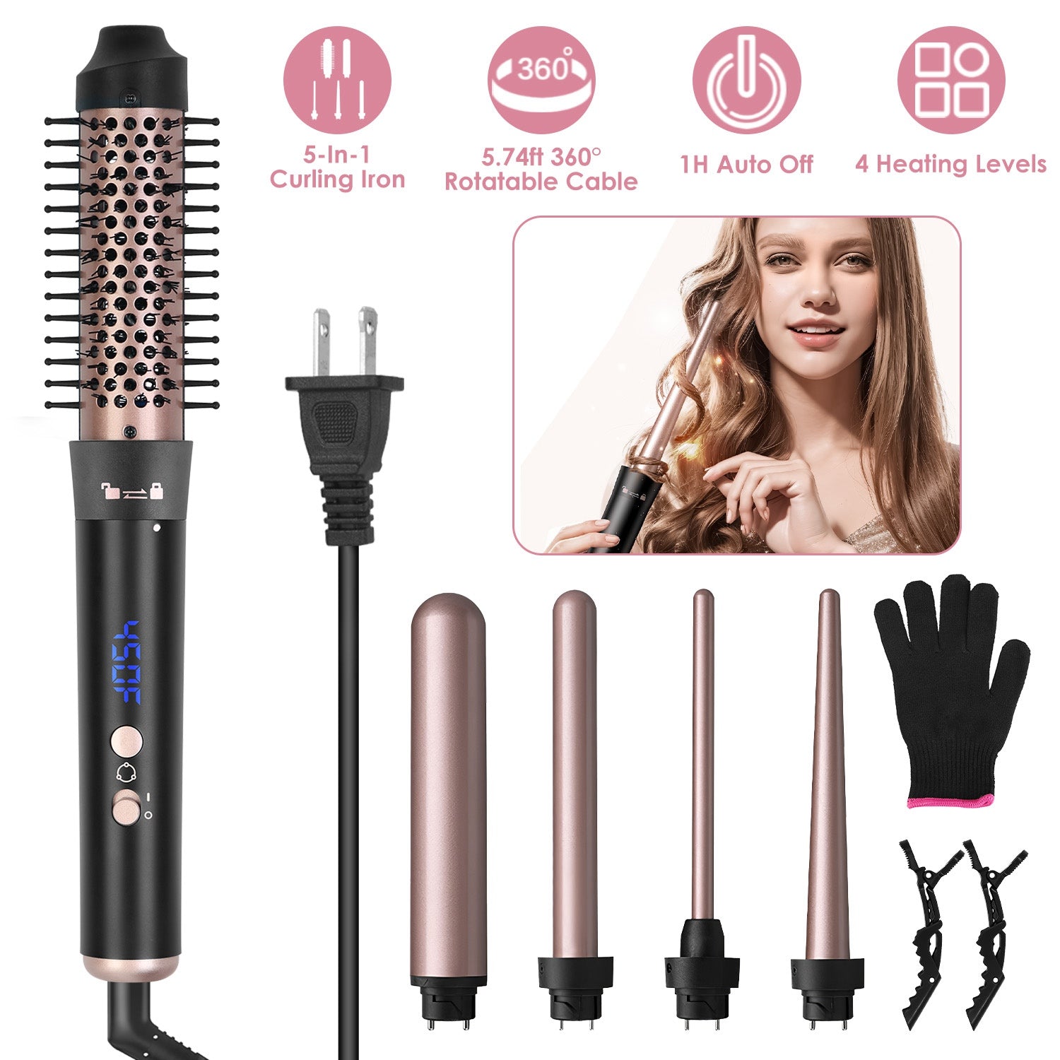 5-in-1 Curling Wand Set with Interchangeable Barrels & Heat