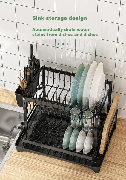 2 Tier Dish Drying Rack Rustproof Kitchen Organizer with Drainboard