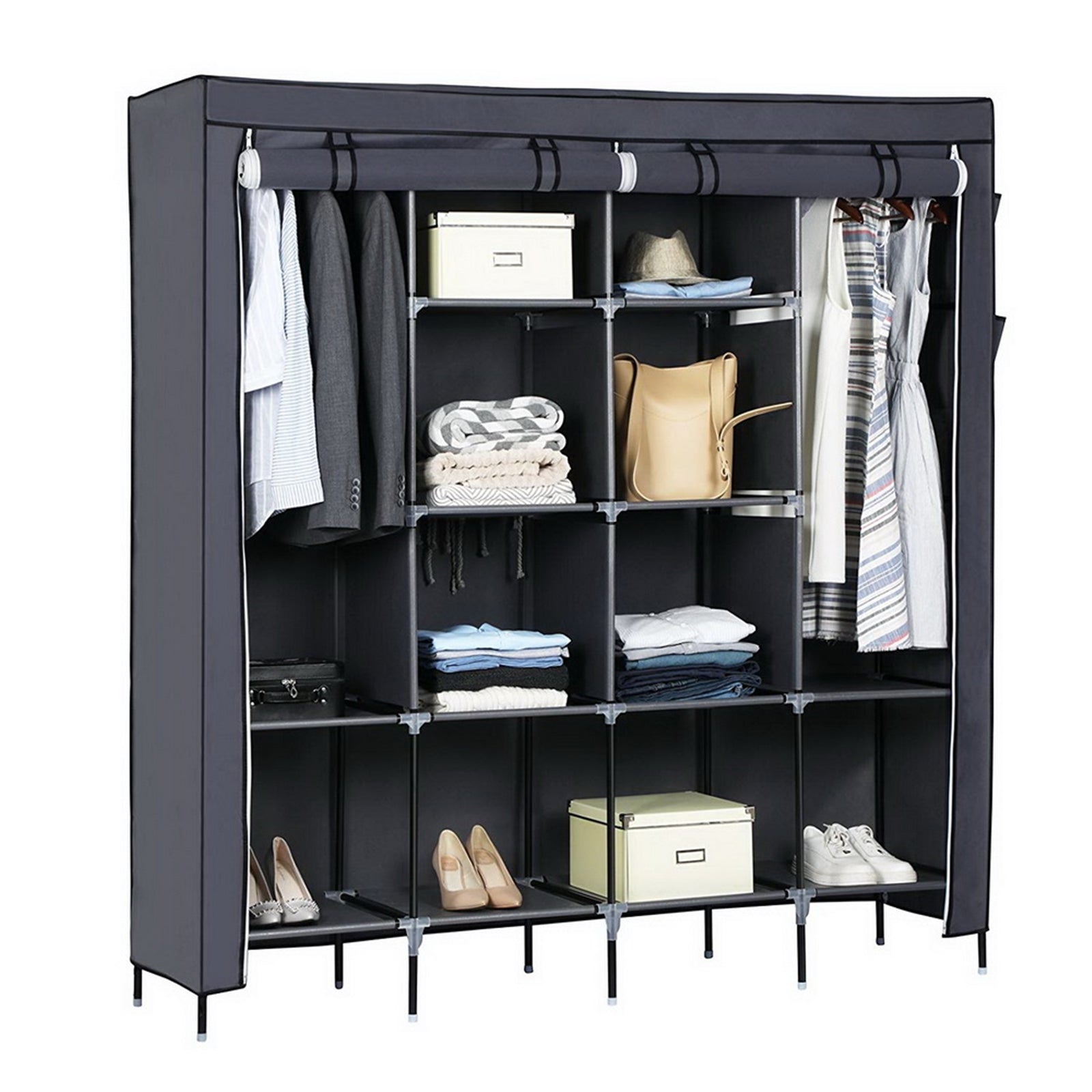 Large Portable Wardrobe Closet with 12 Shelves & Side Pockets