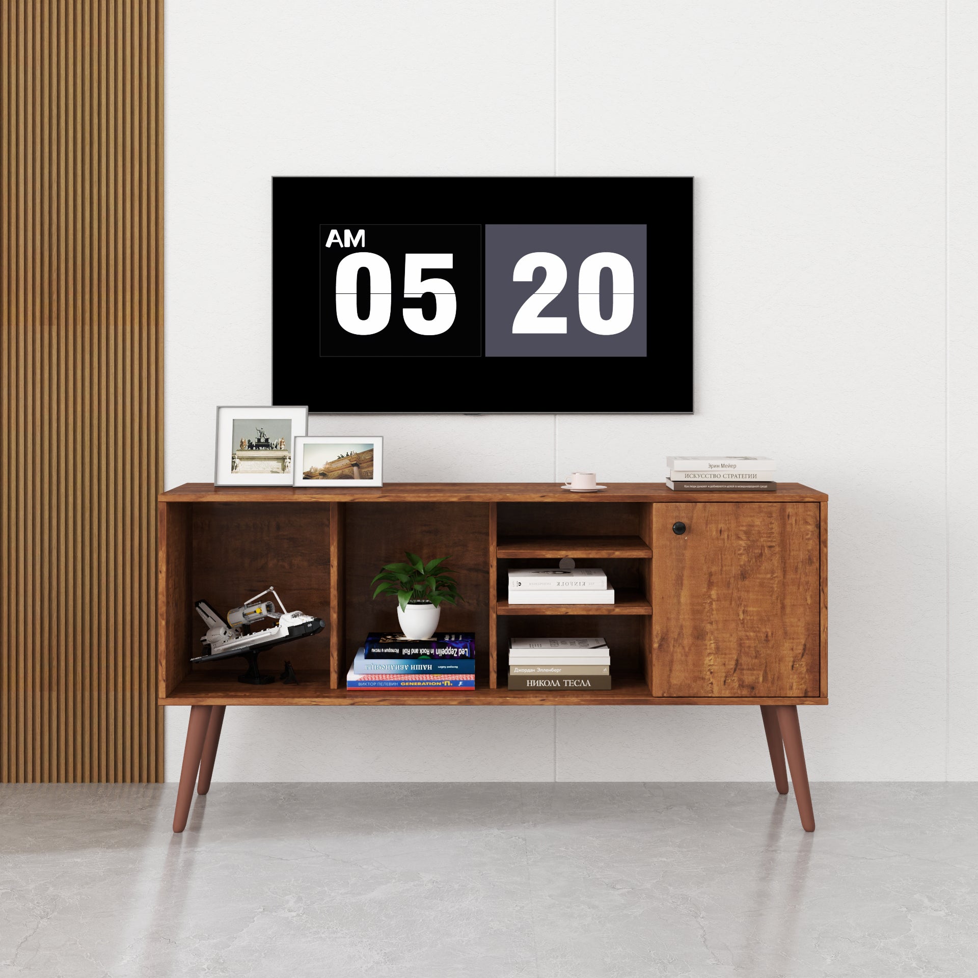 Walnut TV Stand Cabinet with Storage & 3 Open Shelves Unit