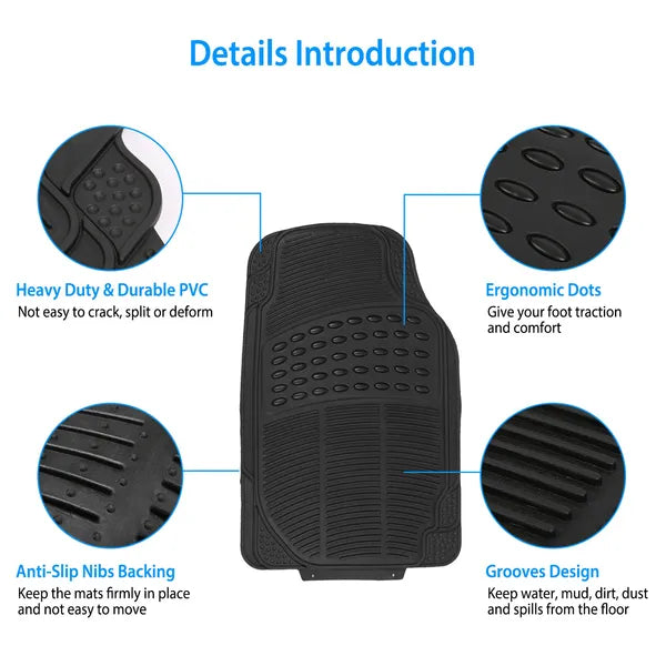 4PCS Heavy Duty Car Floor Mats PVC Anti-Slip Trim-to-Fit Set