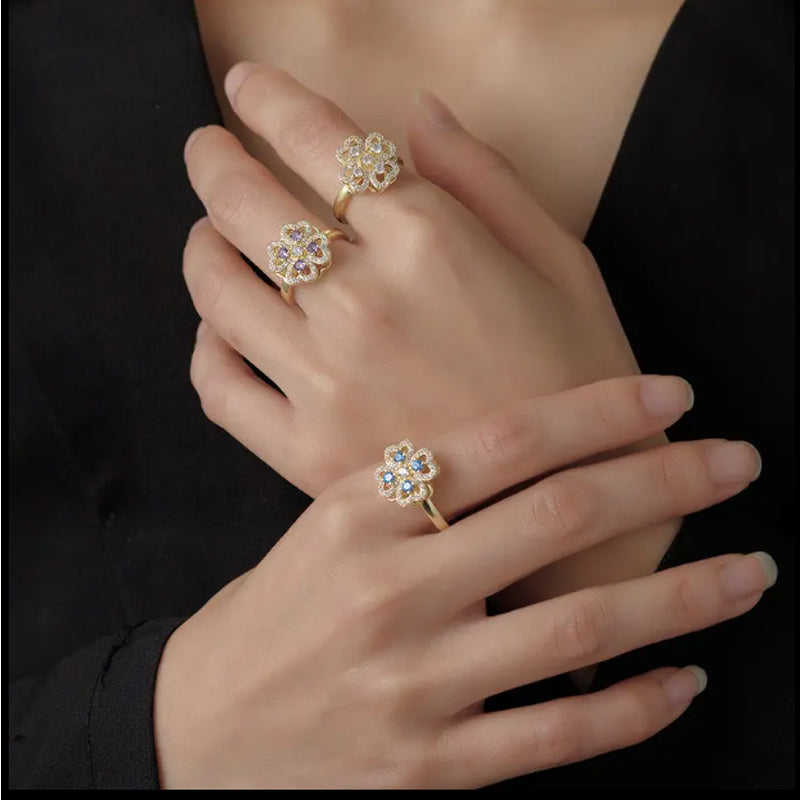 Luxury Golden Clover Rotating Ring – Zircon Adjustable Band