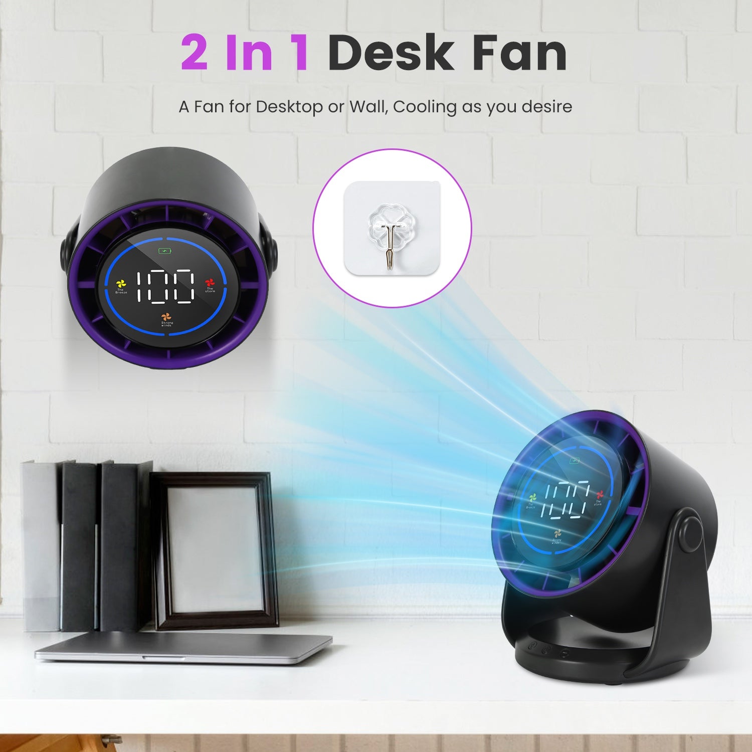 Rechargeable Desk Fan with 100 Speeds Wall Mount Design