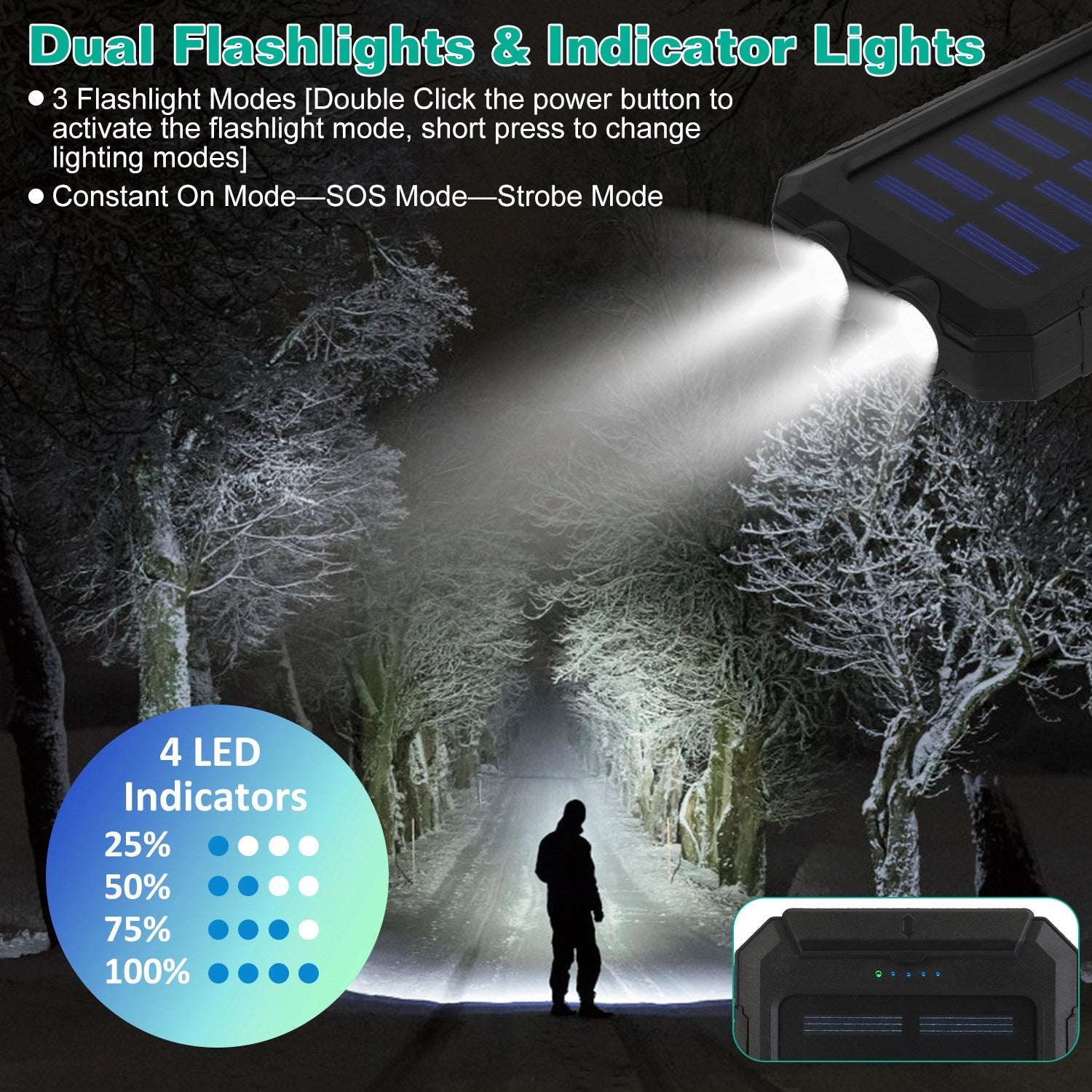 Solar Power Bank Dual USB Outdoor Charger with LED and Compass