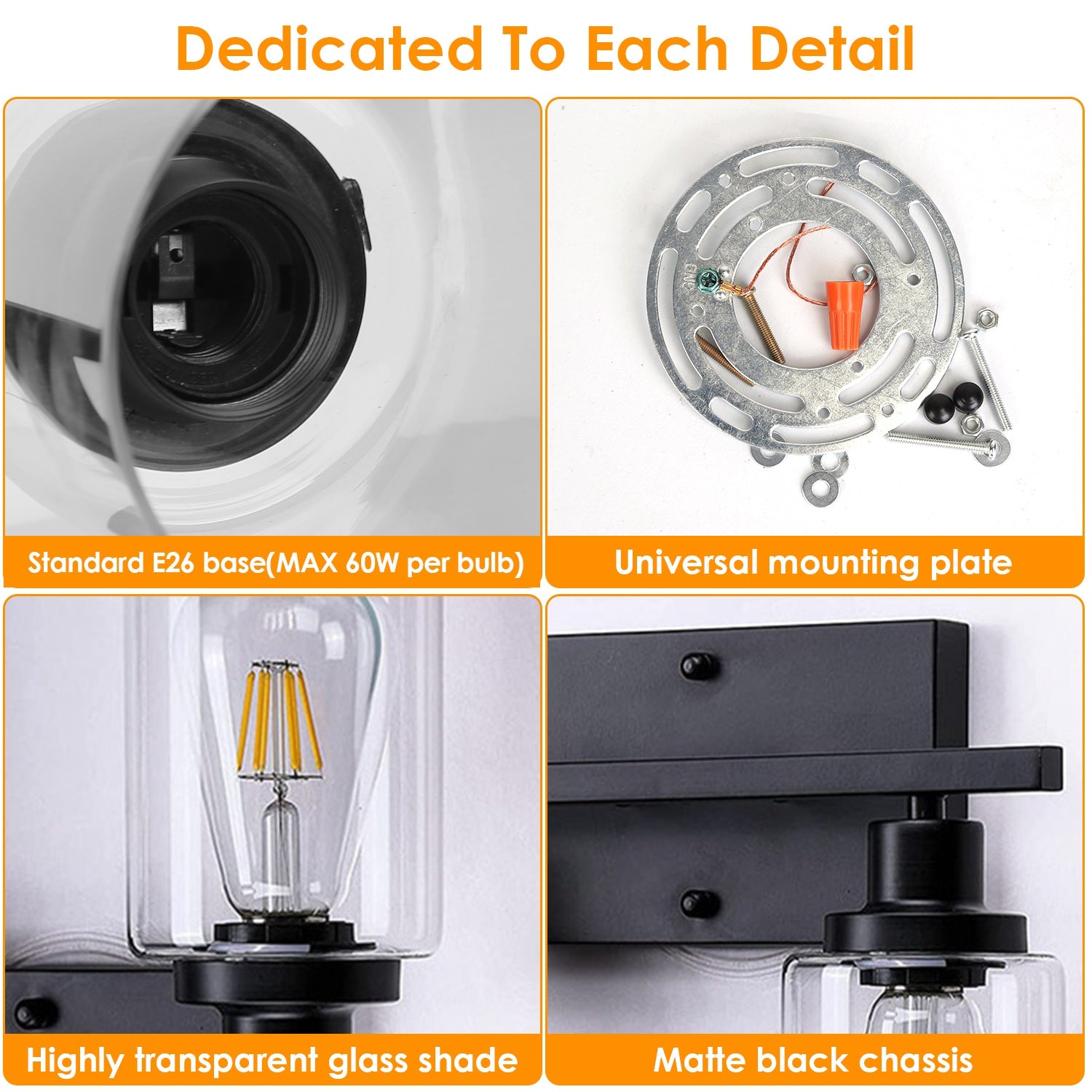 3 Light Wall Sconce Black Glass Vanity Lamp Modern Fixture