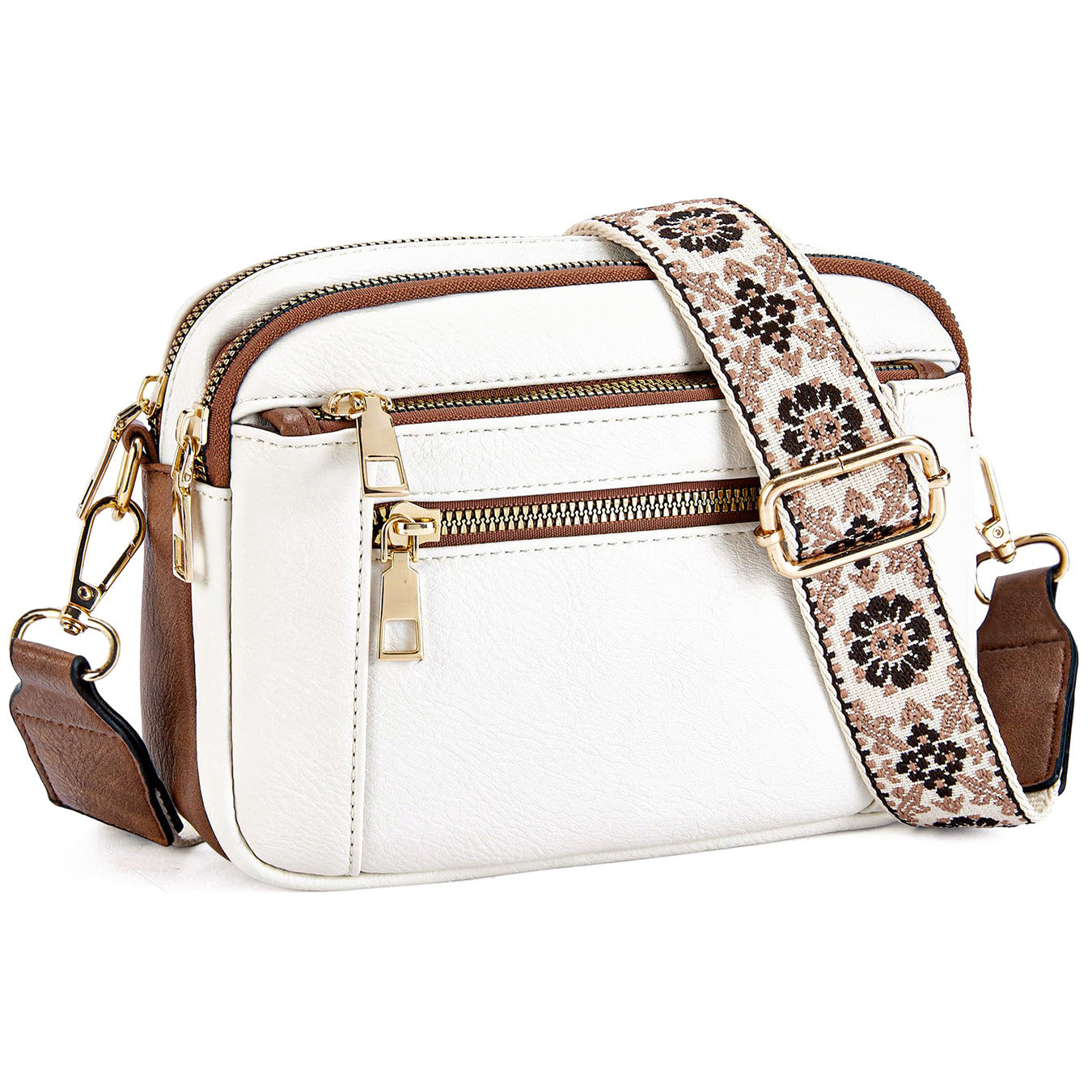 Triple Zipper Shoulder Bag Colorblock Crossbody with Floral Strap for Women