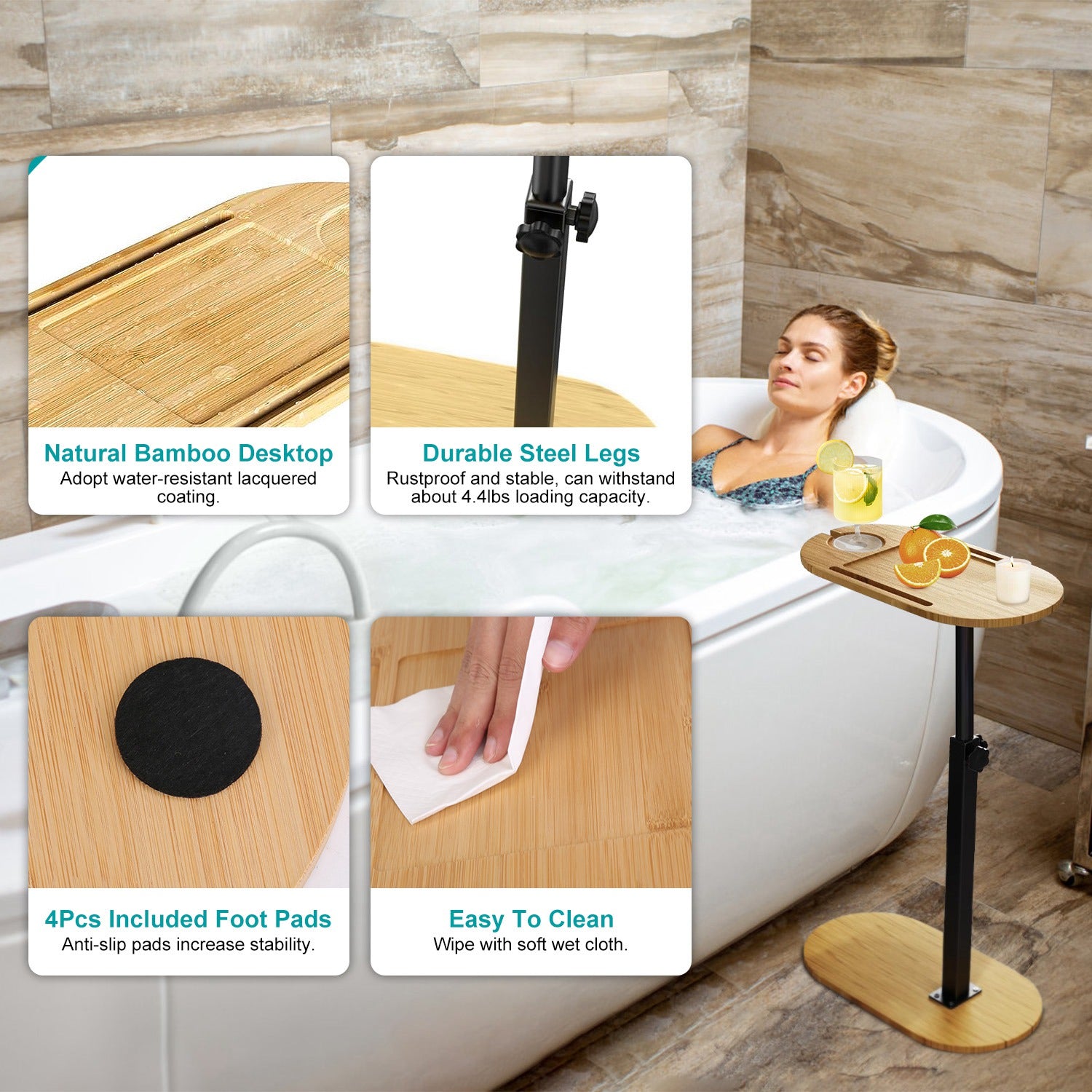 C-Shaped Bathtub Tray Table Adjustable Bamboo Bath Caddy