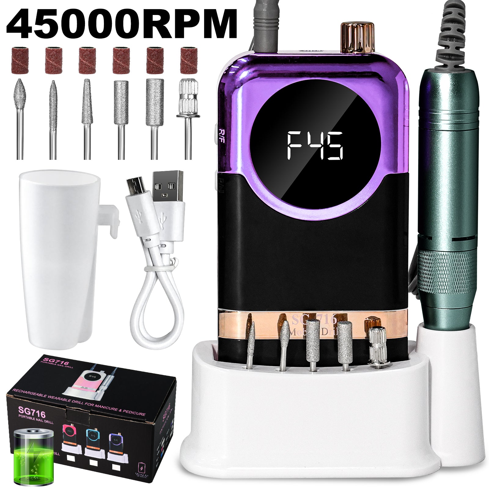 45000 RPM Portable Electric Nail Drill Kit with 6 Bits & LED