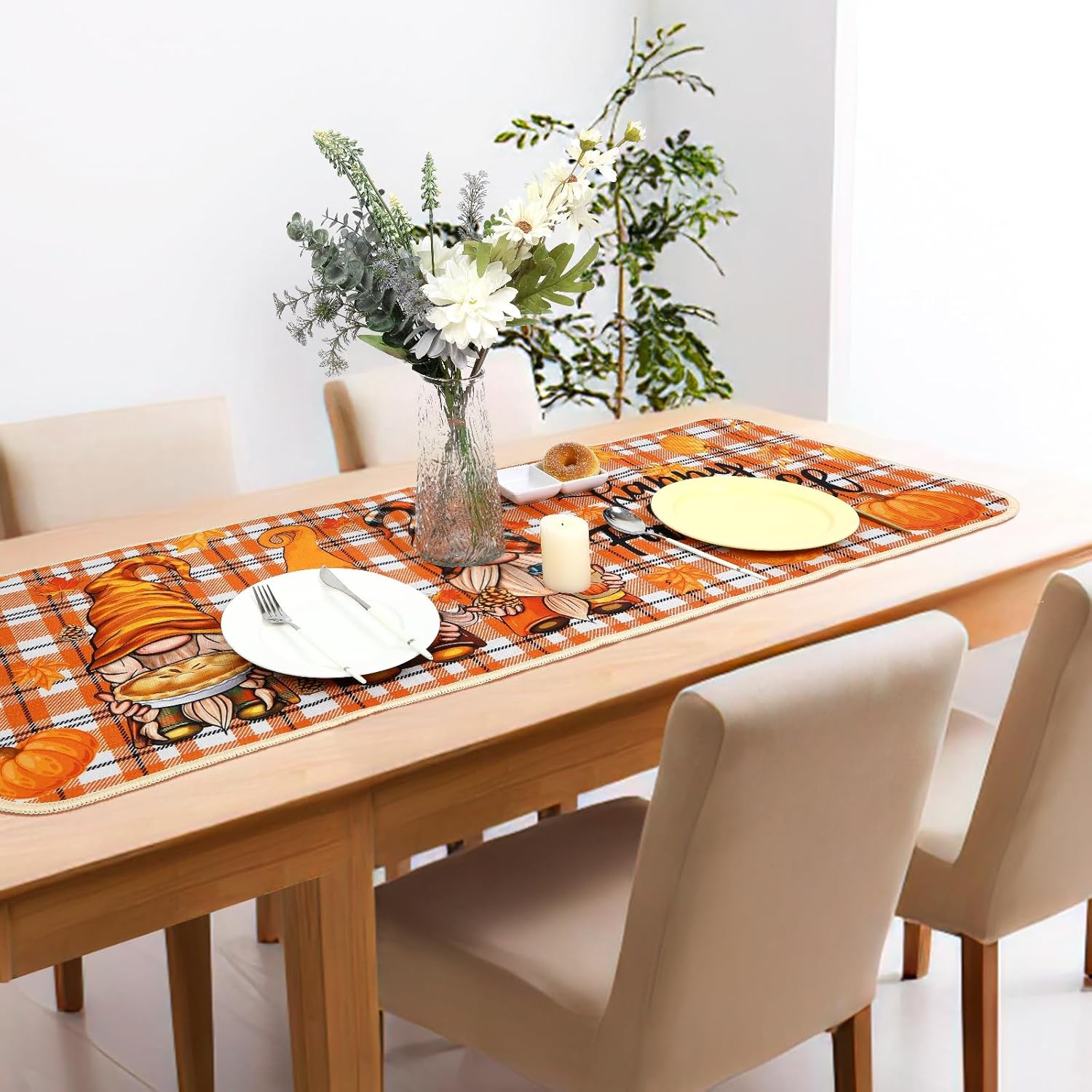 Fall Kitchen Rug Set with Pumpkin and Gnome Design