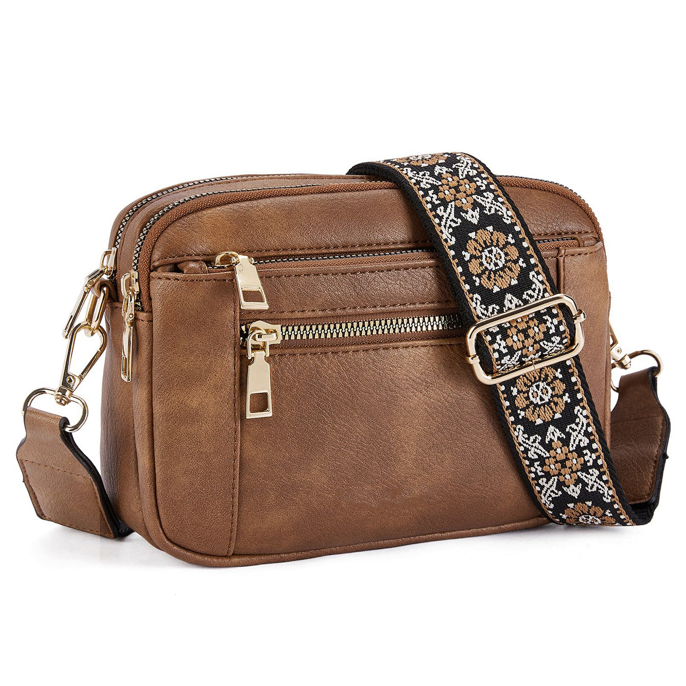 Triple Zipper Shoulder Bag Colorblock Crossbody with Floral Strap for Women