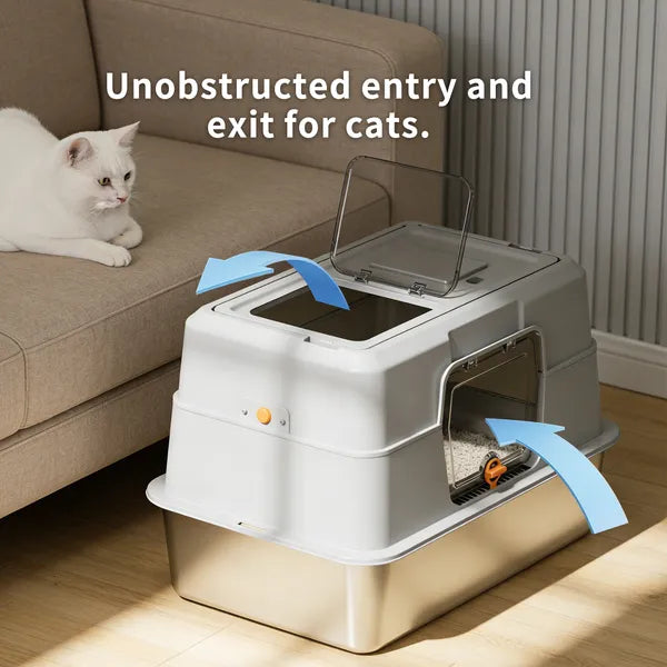 Fully Enclosed Stainless Steel Cat Litter Box, Odor-Proof, Anti-Splash, Spacious For Large Cats