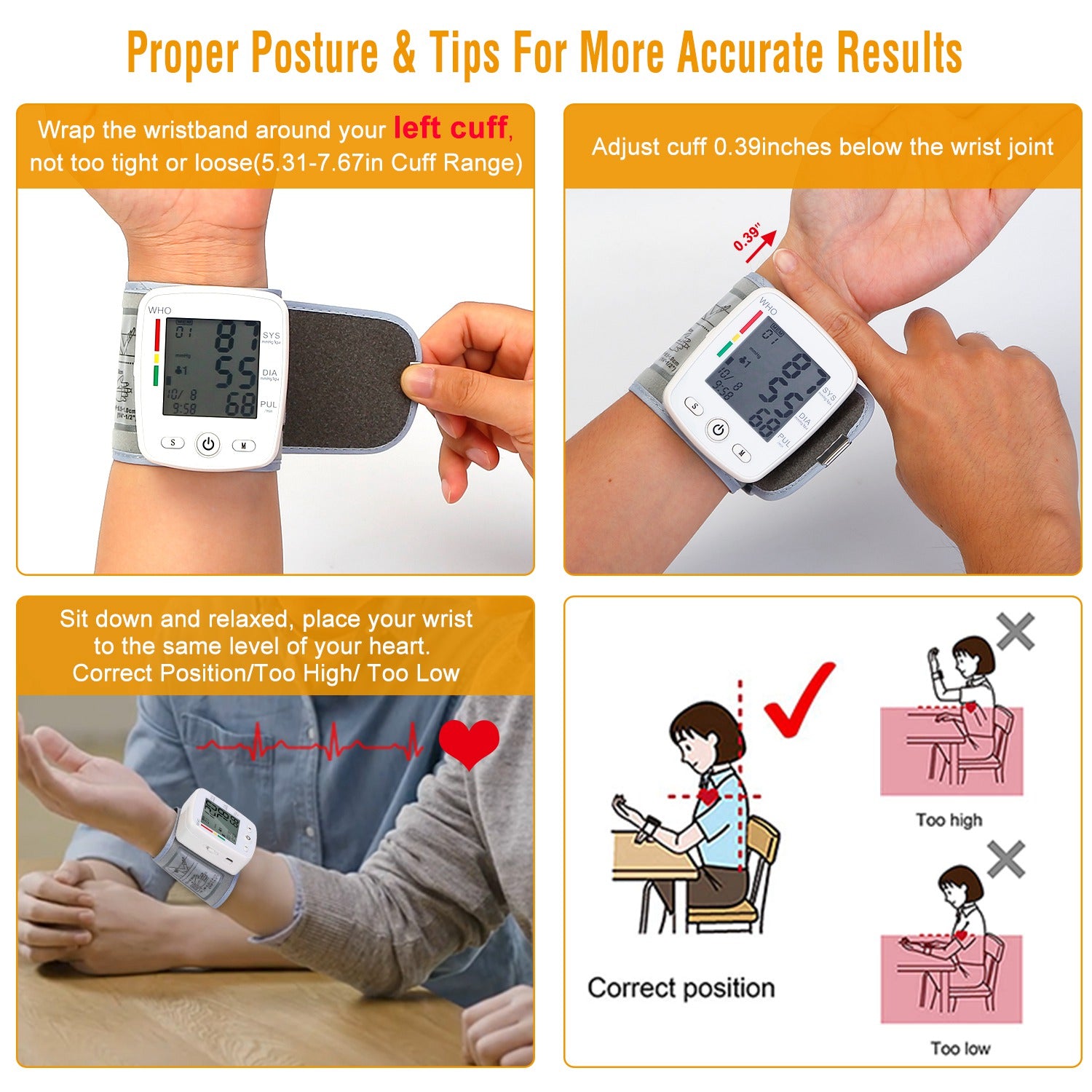Digital Wrist Blood Pressure Monitor with Memory & Large LCD Display