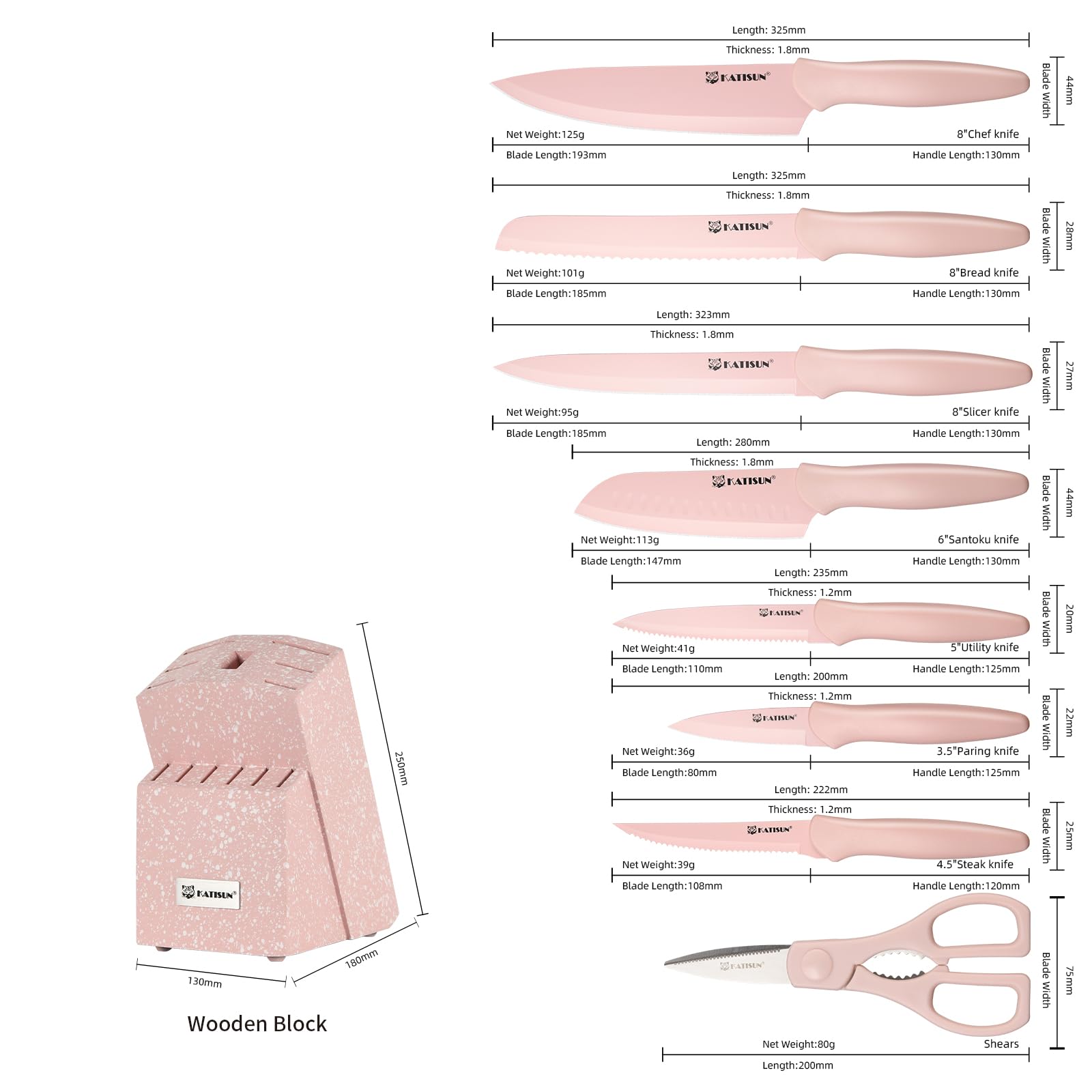 14 Piece Pink Kitchen Knife Set with Block Non Stick Steel Set