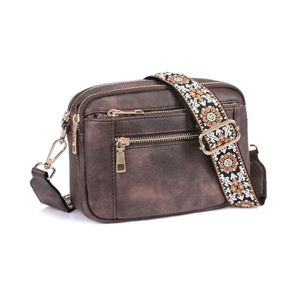 Triple Zipper Shoulder Bag Colorblock Crossbody with Floral Strap for Women