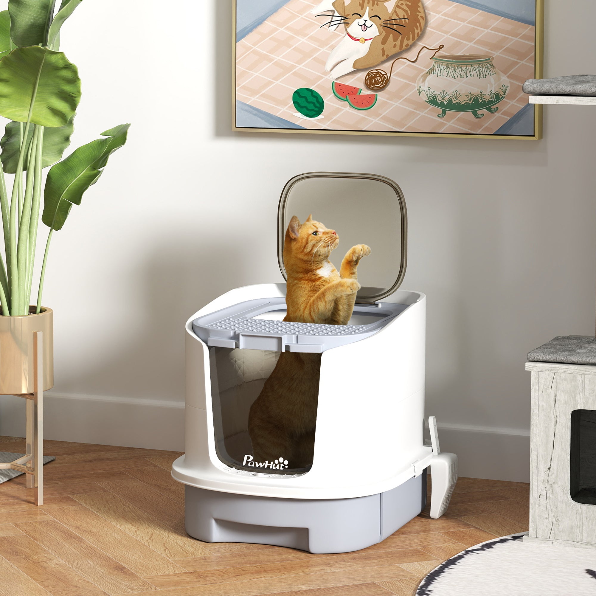 Premium Covered Cat Litter Box Top Entry Drawer Easy Clean